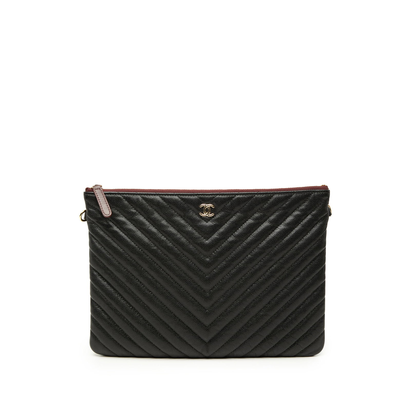 Chanel O Case Medium CC Chevron Caviar Leather Clutch Black: Chanel O Case Medium CC Chevron Caviar Leather Clutch Black This Chanel Medium CC Chevron Caviar O Case Clutch is a black leather bag made in Italy. It features a quilted caviar leather body, a top zi