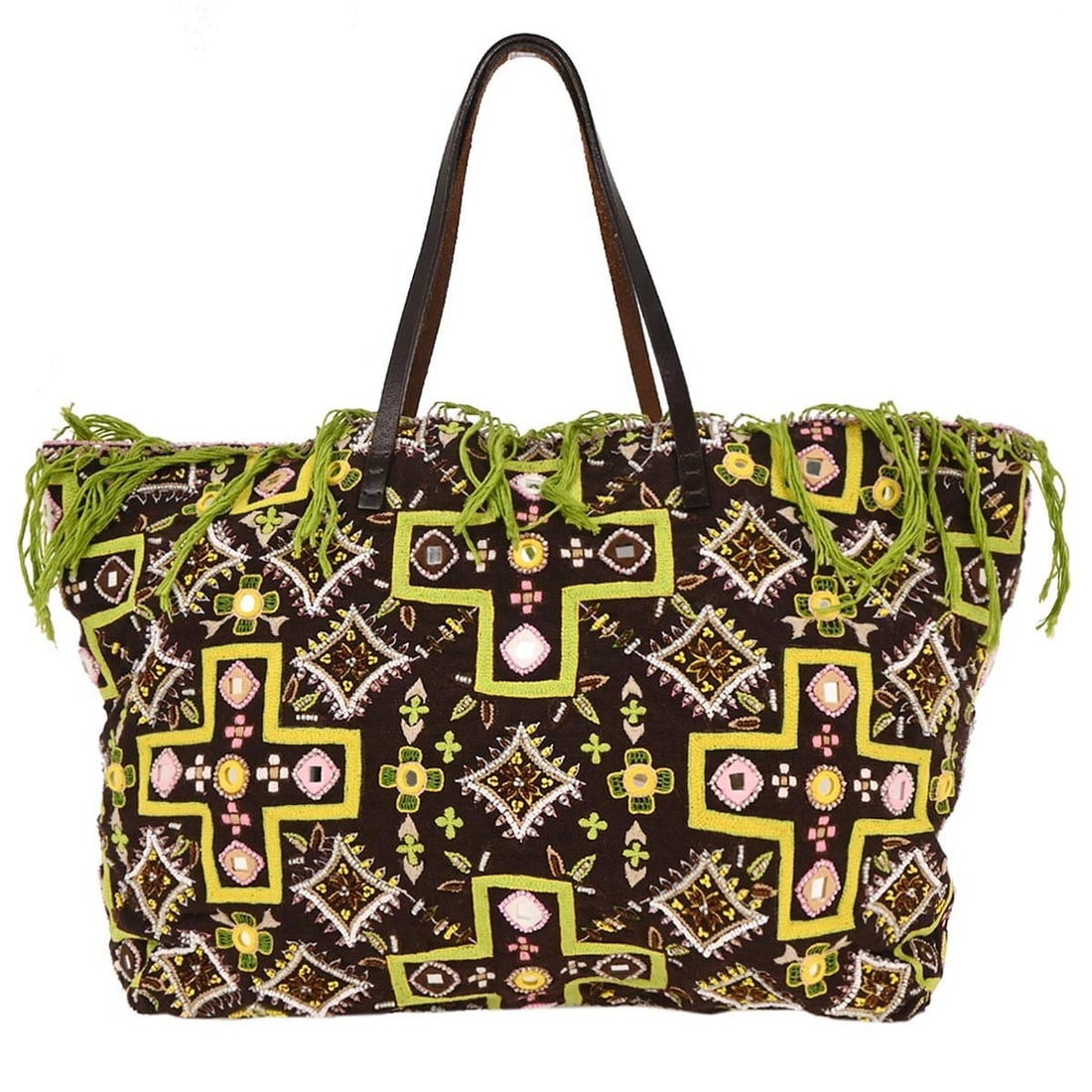 Fendi Beaded Embroidered Brown Canvas Tote Bag: Fendi Beaded Embroidered Brown Canvas Tote Bag Brown Fendi tote handbag with canvas construction and bead embroidery accents. This large women's bag features double handles, silver-color hardware, inn