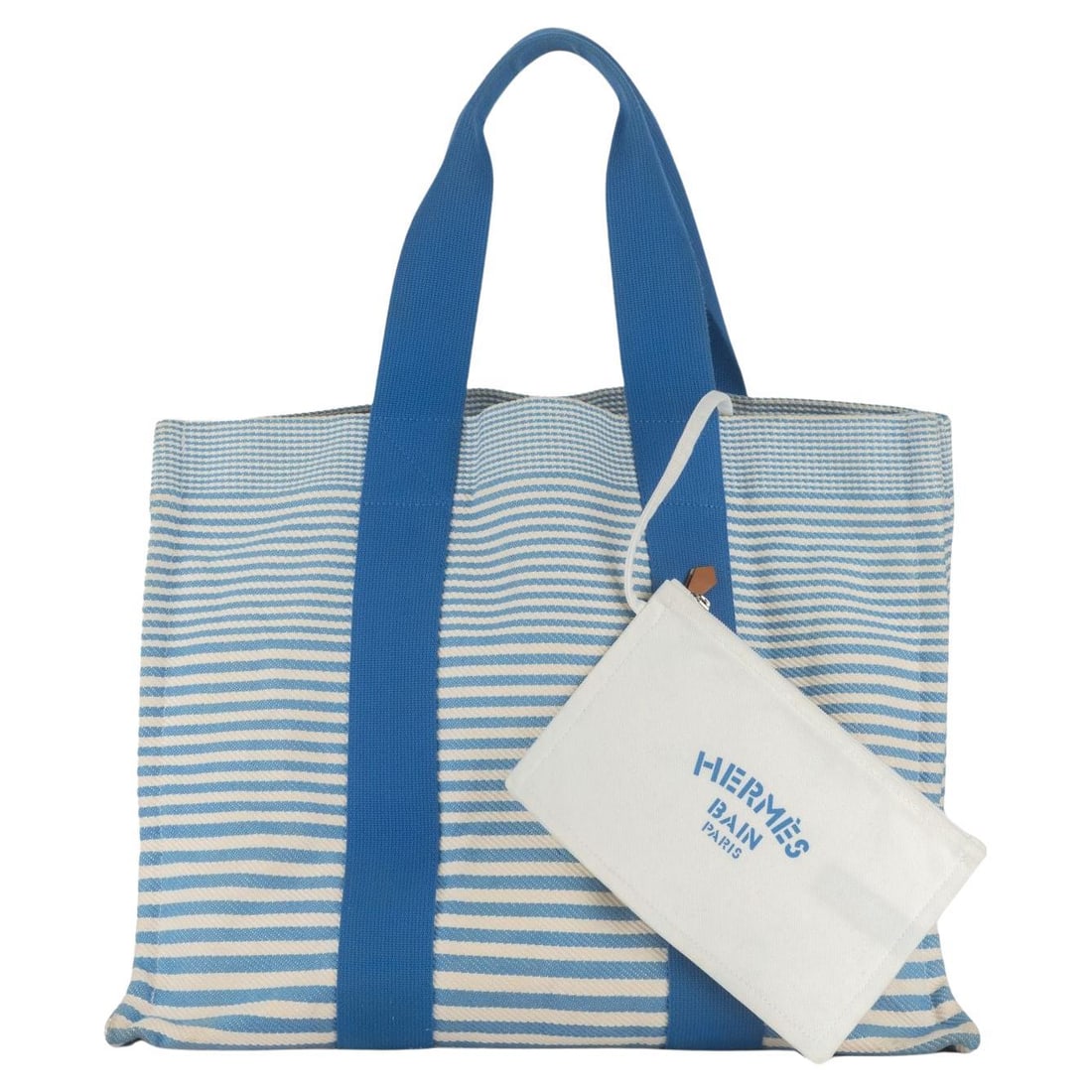 Hermes Bayadere cotton canvas beach tote: Hermes Bayadere cotton canvas beach tote This Hermes Bayadere Beach Tote is crafted from durable cotton canvas and features a striking combination of white and blue stripes. Its spacious design makes 