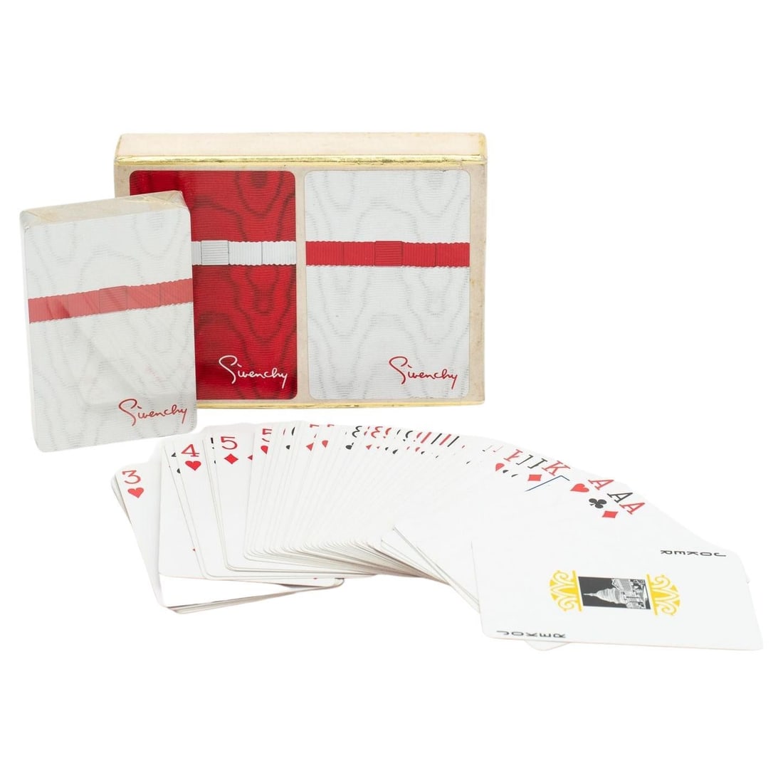 Givenchy Vintage Red White Playing Cards Set of 2 in Box: Givenchy Vintage Red White Playing Cards Set of 2 in Box Experience the elegance of Givenchy with this set of two decks of vintage playing cards, featuring a striking red and white design. Each deck c