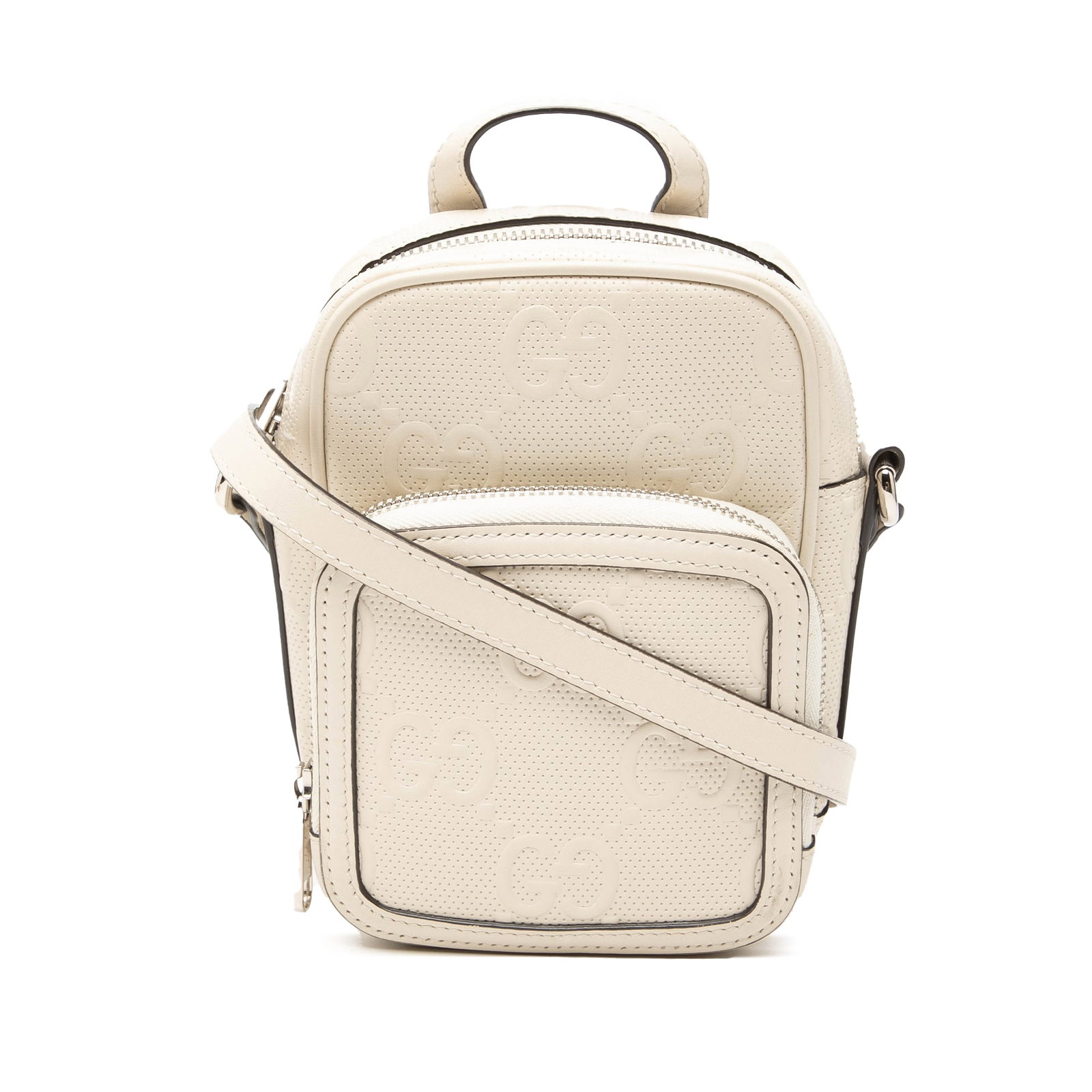 Gucci Mini GG Satchel White Perforated Embossed Calfskin: Gucci Mini GG Satchel White Perforated Embossed Calfskin Mini satchel in white embossed and perforated calfskin leather with a structured silhouette. It features a flat leather handle, an adjustable f