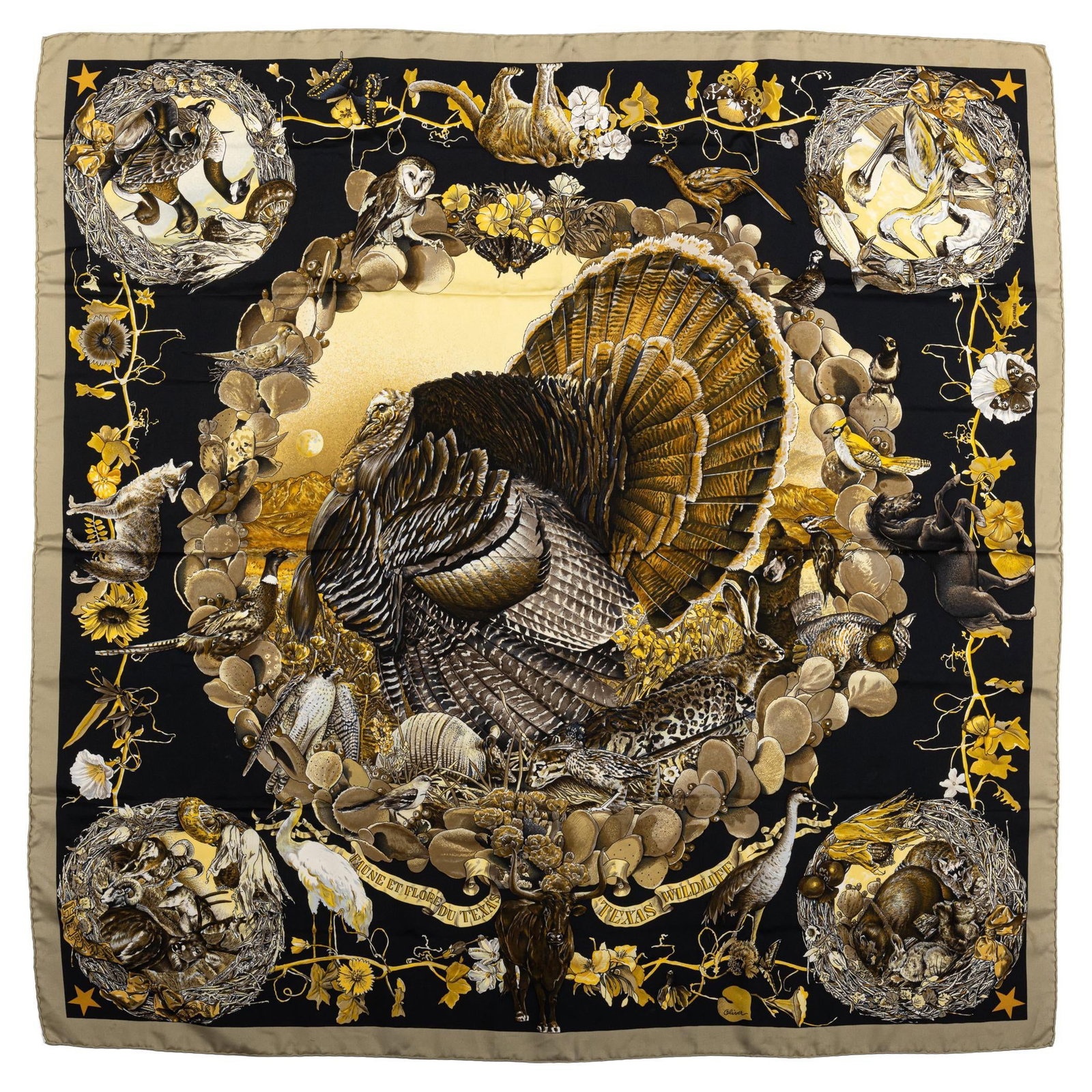 Texas Wildlife Silk Scarf by Hermes in Black 35 Inch Square: Texas Wildlife Silk Scarf by Hermes in Black 35 Inch Square This Hermes "Texas Wildlife" silk scarf features a striking black color and an intricate design by Kermit Oliver. Crafted in France, it is f
