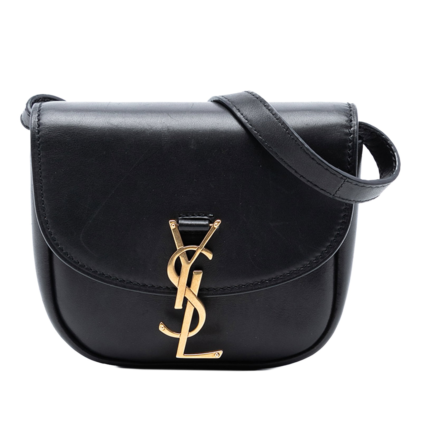 Saint Laurent Kaia Small Black Leather Crossbody Bag with YSL Logo: Saint Laurent Kaia Small Black Leather Crossbody Bag with YSL Logo This Saint Laurent Small Leather Monogram Kaia Crossbody features a black leather body with an adjustable flat leather strap, a front