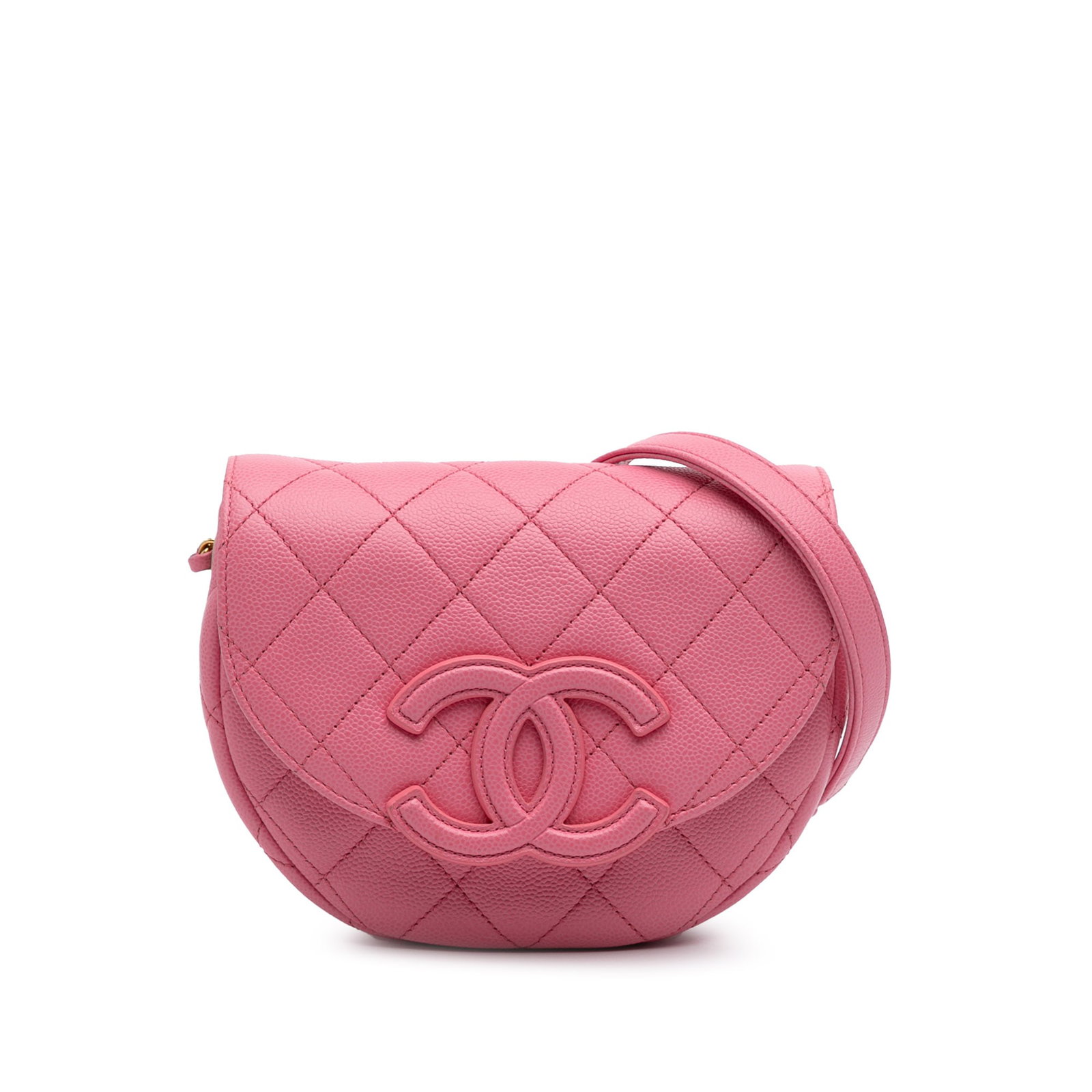Chanel Mini CC Pink Caviar Leather Messenger Flap Bag: Chanel Mini CC Pink Caviar Leather Messenger Flap Bag Elevate your accessory collection with the Chanel Mini CC Quilted Caviar Messenger Flap. This stylish flap bag is crafted from luxurious quilted c