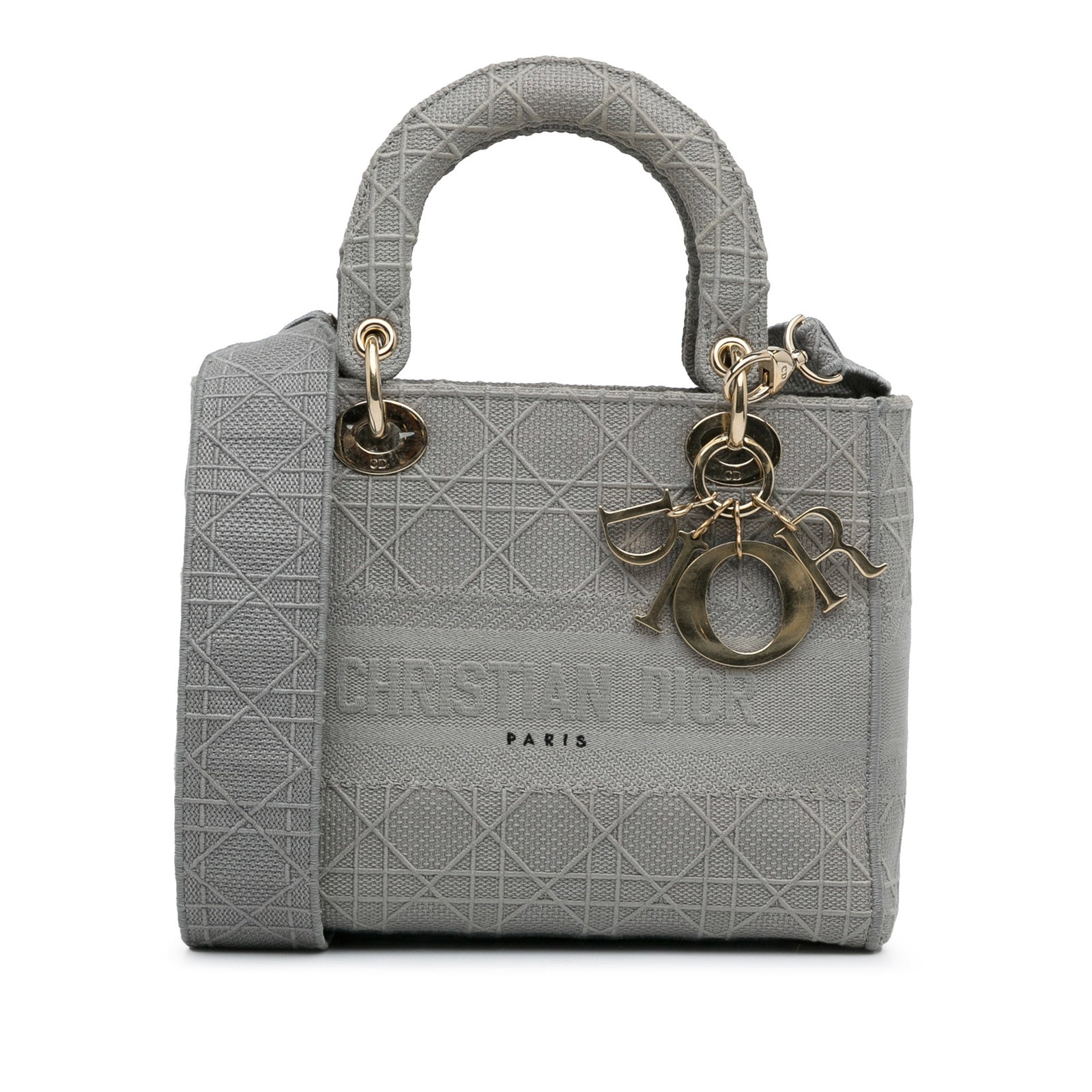 Dior Lady D Lite Medium Cannage fabric handbag gray: Dior Lady D Lite Medium Cannage fabric handbag gray The Dior Medium Canvas Cannage Lady D Lite is a stylish and functional bag, featuring a durable canvas body complemented by flat handles and a detac