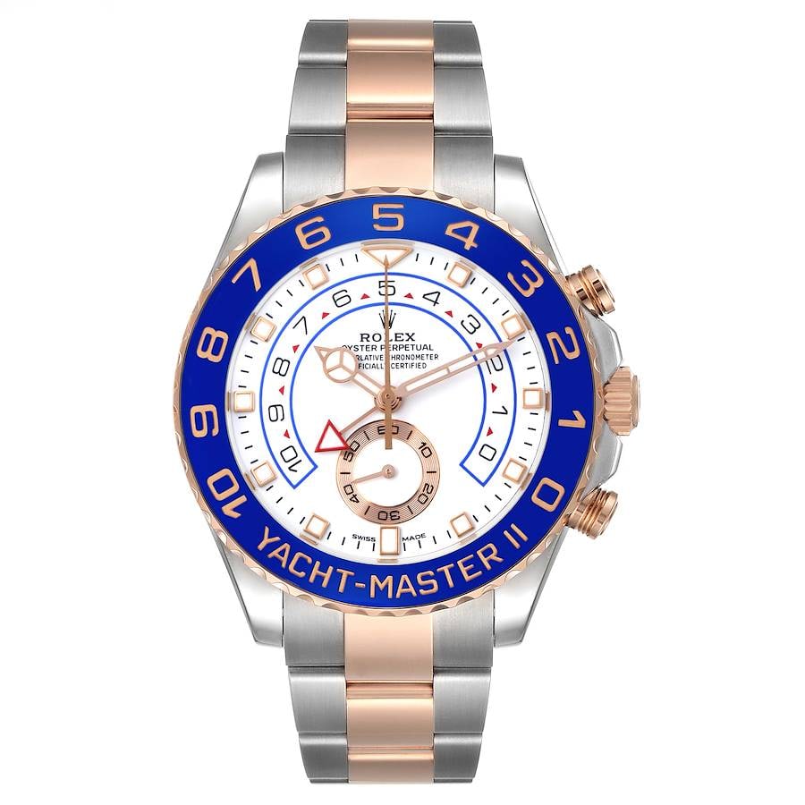 2018 Rolex Yacht-Master II Ref 116681 White Dial Oyster Bracelet with Card: 2018 Rolex Yacht-Master II Ref 116681 White Dial Oyster Bracelet with Card This Rolex Yacht-Master II features a white dial and a rotating bezel, paired with an Oyster bracelet. The watch is the 2018 