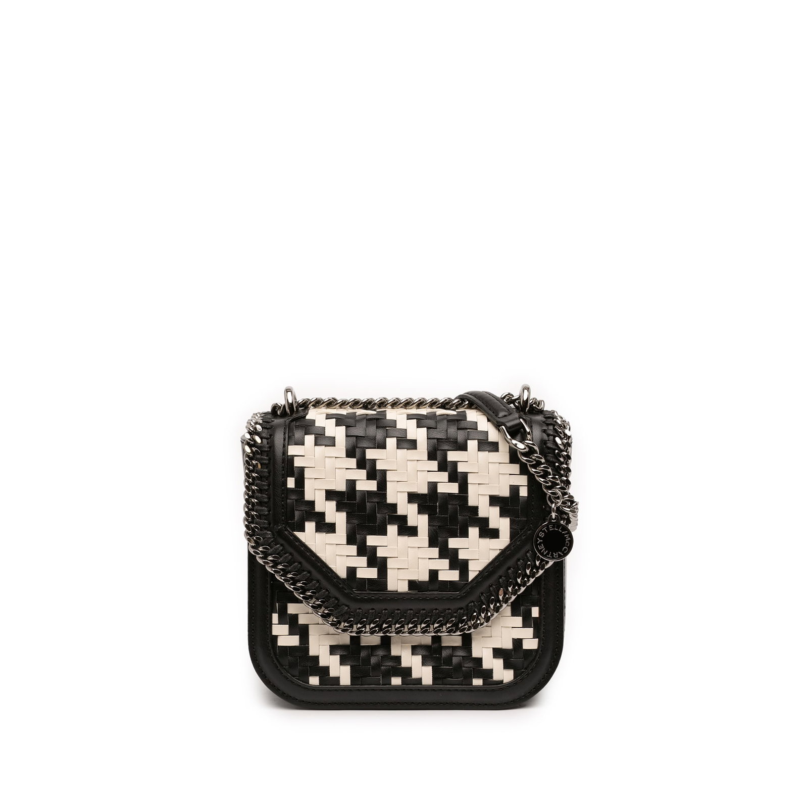 Stella McCartney Falabella woven faux leather crossbody bag: Stella McCartney Falabella woven faux leather crossbody bag This Stella McCartney Woven Falabella Box Crossbody features a woven faux leather exterior in black, complemented by a silver tone curb chai