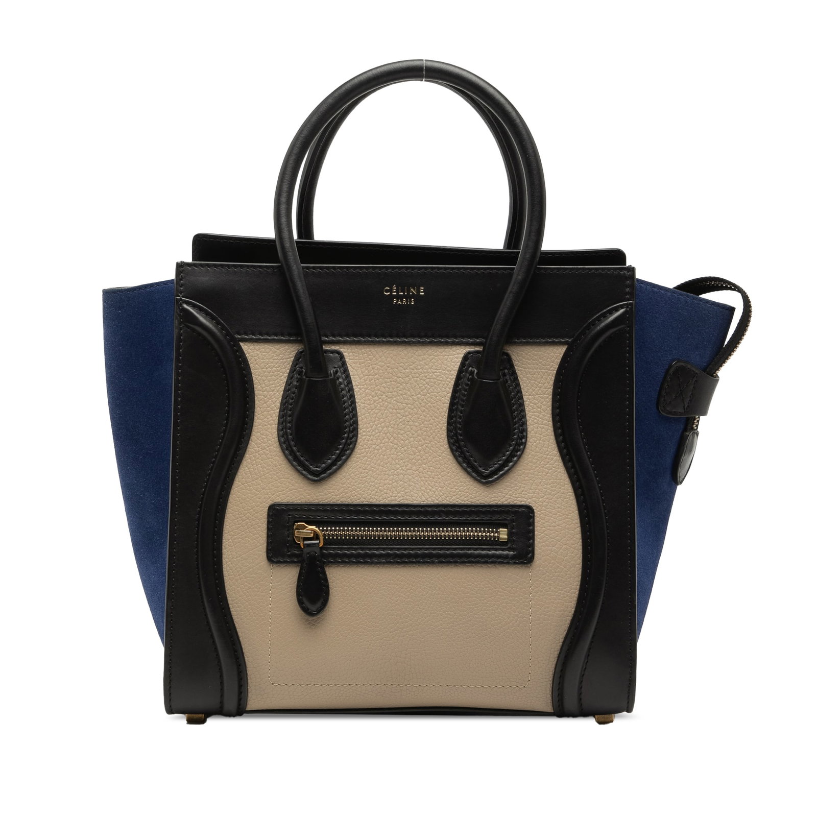 Celine Micro Luggage Tote in Tricolor Calfskin and Suede Leather: Celine Micro Luggage Tote in Tricolor Calfskin and Suede Leather This Celine Micro Tricolor Luggage Tote features a calfskin leather body with contrasting suede side panels for a distinctive look. It 