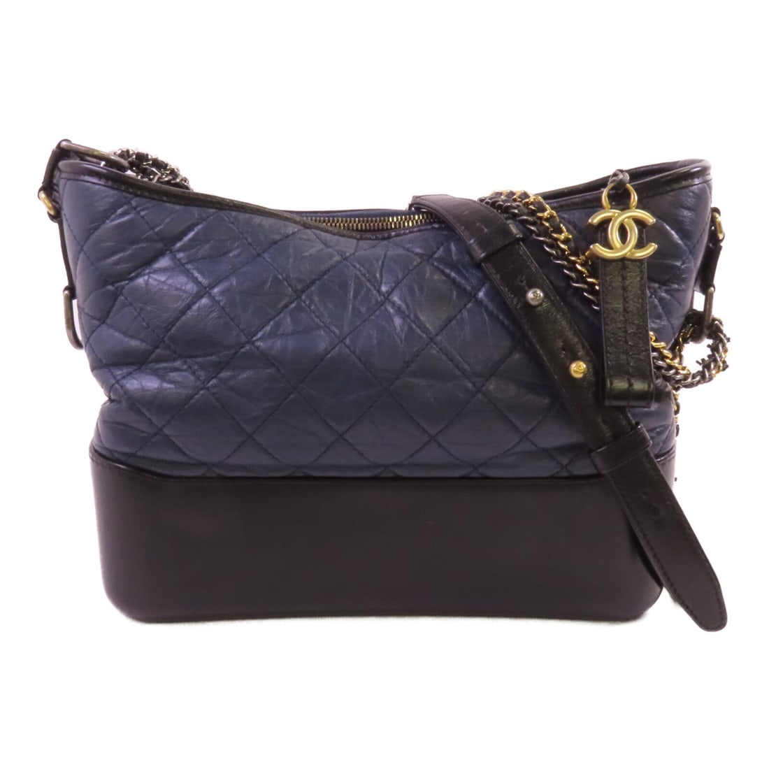 CHANEL Gabrielle Medium Shoulder Bag Black Navy Calfskin SHW: CHANEL Gabrielle Medium Shoulder Bag Black Navy Calfskin SHW CHANEL Gabrielle Medium Chain Shoulder Bag in calfskin leather, presented in black and navy. This women's shoulder bag features a black fra