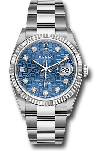 Rolex Datejust 126234 Blue Diamond Dial Oyster Bracelet Fluted Bezel: Rolex Datejust 126234 Blue Diamond Dial Oyster Bracelet Fluted Bezel This Rolex Datejust features a blue Jubilee diamond factory dial, complemented by a fluted bezel and an Oyster bracelet. The watch 