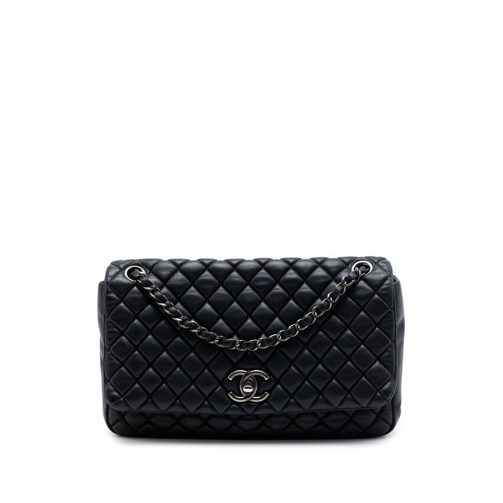 Chanel New Bubble Flap Large Quilted Iridescent Calfskin Bag: Chanel New Bubble Flap Large Quilted Iridescent Calfskin Bag Chanel Large Quilted Iridescent Calfskin New Bubble Flap bag in black leather, made in Italy. It features a quilted leather body, leather w