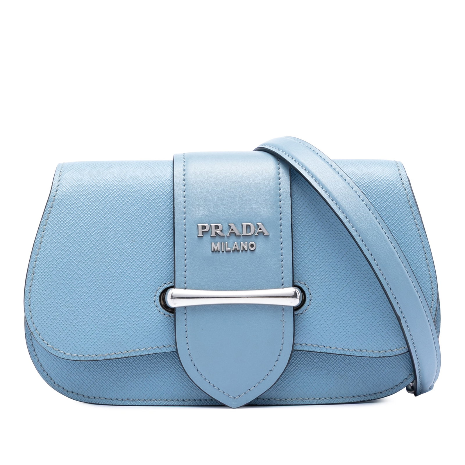 Prada Sidonie Mini Saffiano Leather Crossbody Bag Blue: Prada Sidonie Mini Saffiano Leather Crossbody Bag Blue Prada Mini Saffiano Sidonie Crossbody in blue leather with a structured silhouette and compact profile. This crossbody features a detachable flat