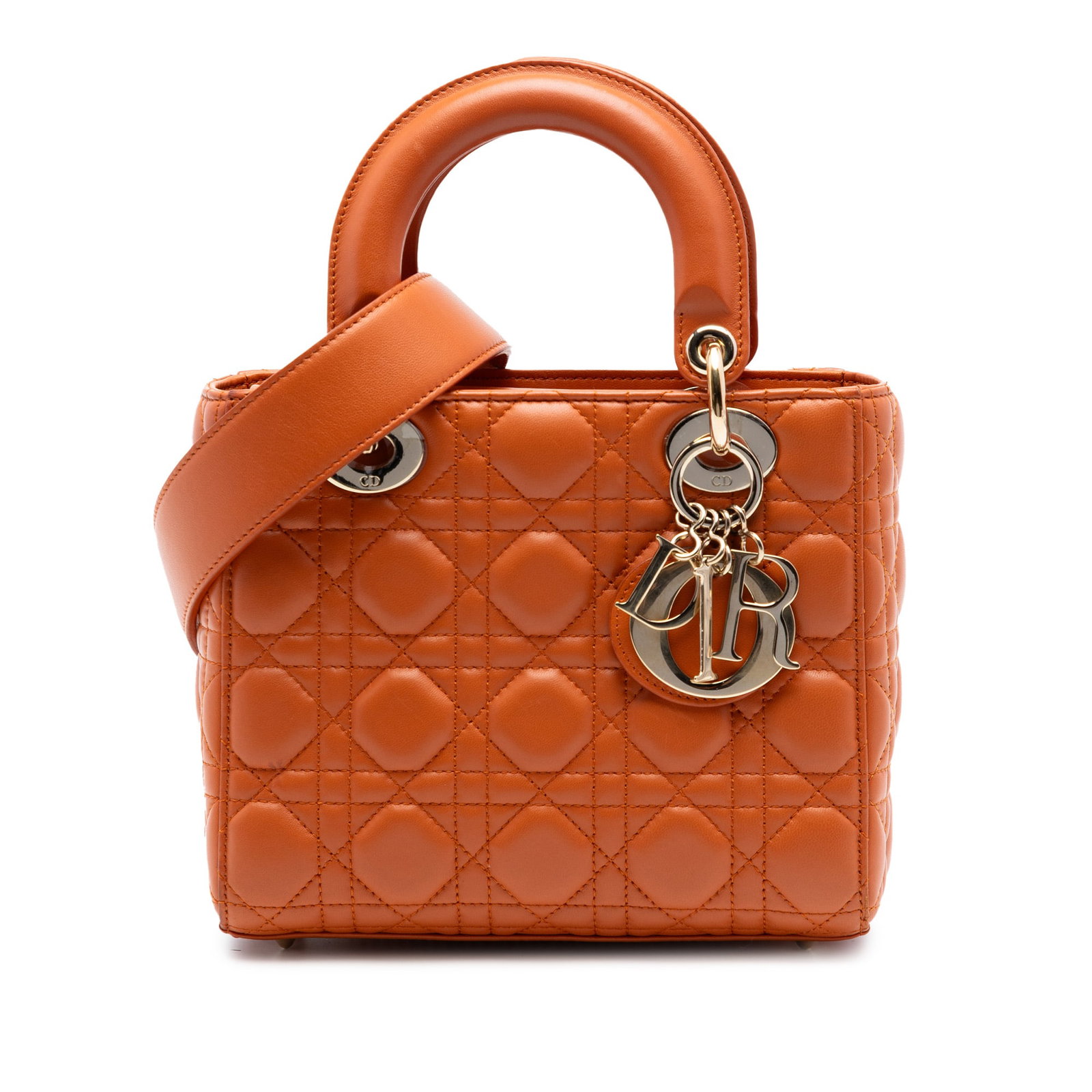 Dior Lady Dior Orange Lambskin Cannage Bag Small: Dior Lady Dior Orange Lambskin Cannage Bag Small This Small Lambskin Cannage MyABCDior Lady Dior bag showcases a quilted leather exterior in orange, complemented by flat leather handles and a detachab