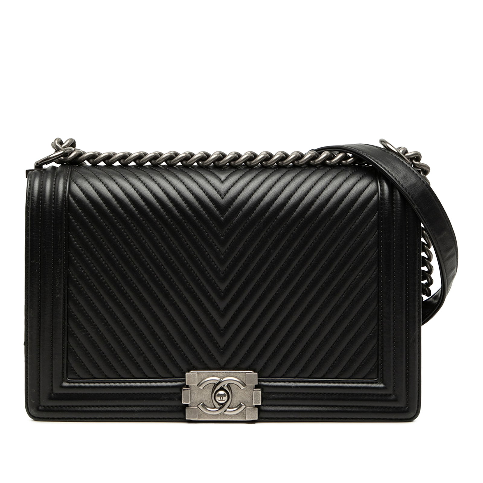 Chanel Boy Flap Medium Chevron Lambskin Shoulder Bag Black: Chanel Boy Flap Medium Chevron Lambskin Shoulder Bag Black Medium Boy Flap bag in black chevron quilted lambskin leather with a chain and leather shoulder strap, front flap with interlocking Cs and pu