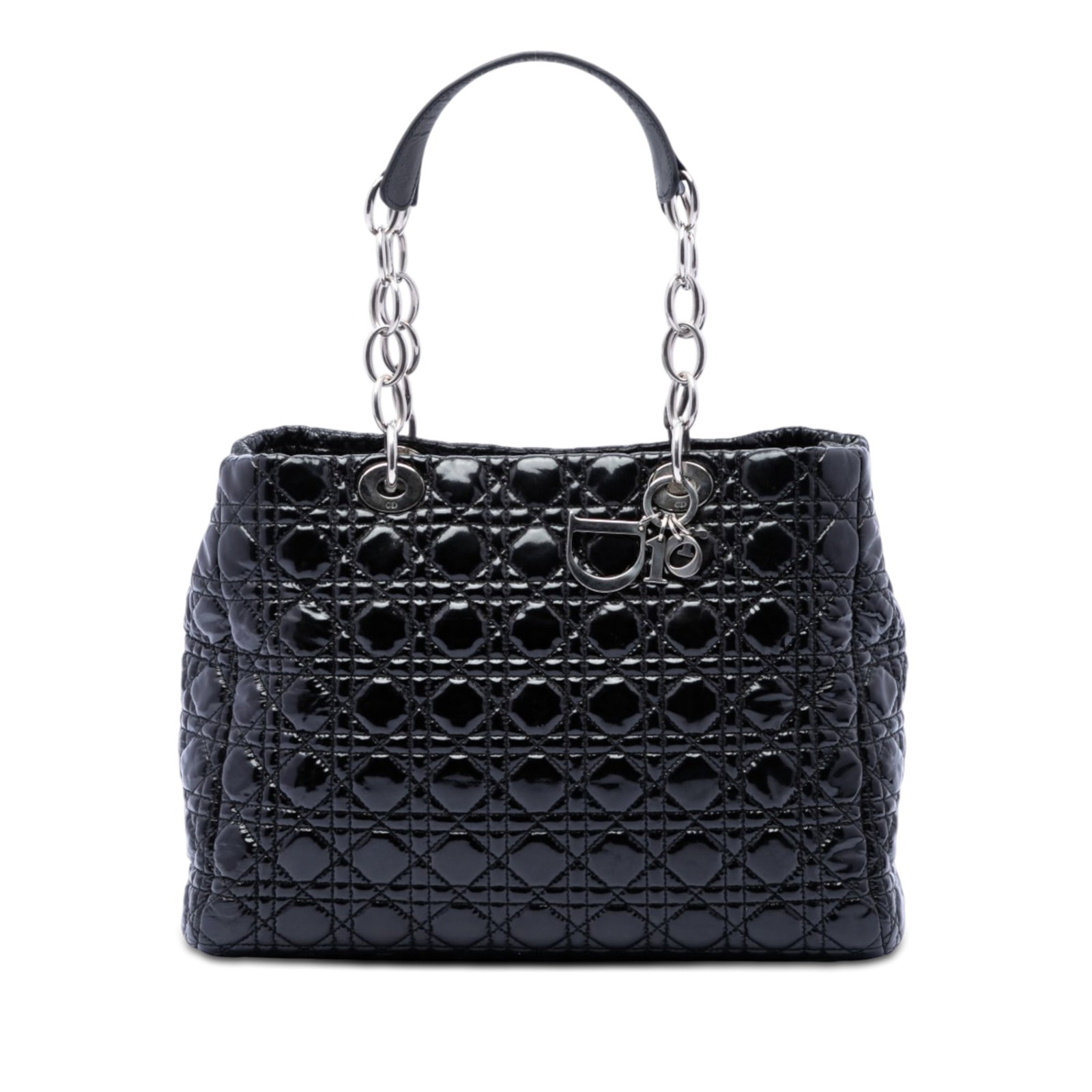 Dior Lady Dior Soft Shopping Tote in Black Patent Leather: Dior Lady Dior Soft Shopping Tote in Black Patent Leather This is a Large Patent Cannage Lady Dior Soft Shopping Tote in black, made in Italy. It features a quilted patent leather body, silver tone st