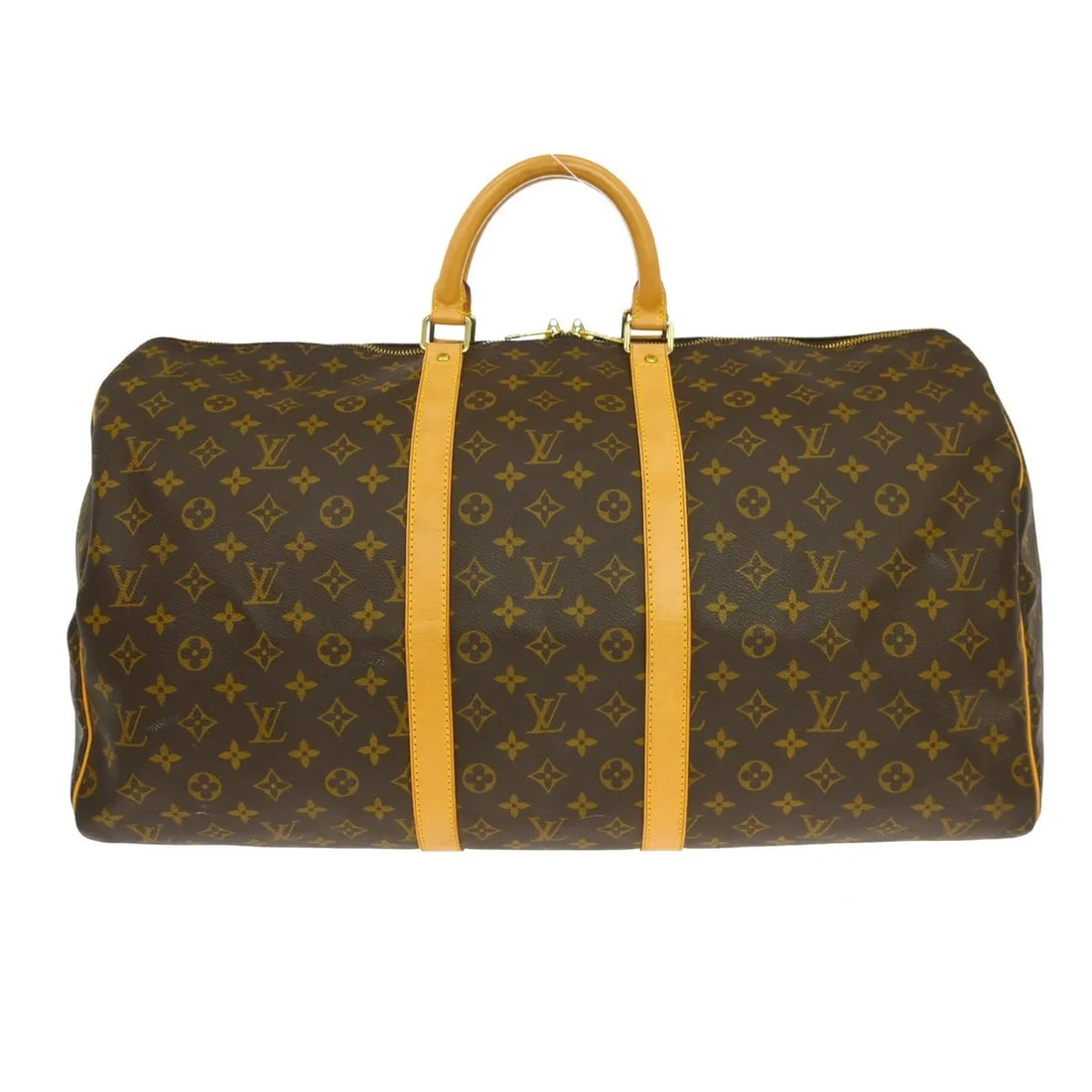 Louis Vuitton Keepall Travel Bag in Brown Monogram Canvas: Louis Vuitton Keepall Travel Bag in Brown Monogram Canvas Louis Vuitton Keepall in brown monogram canvas. This unisex travel bag is in good condition with visible wear, including scuffs and stains on 