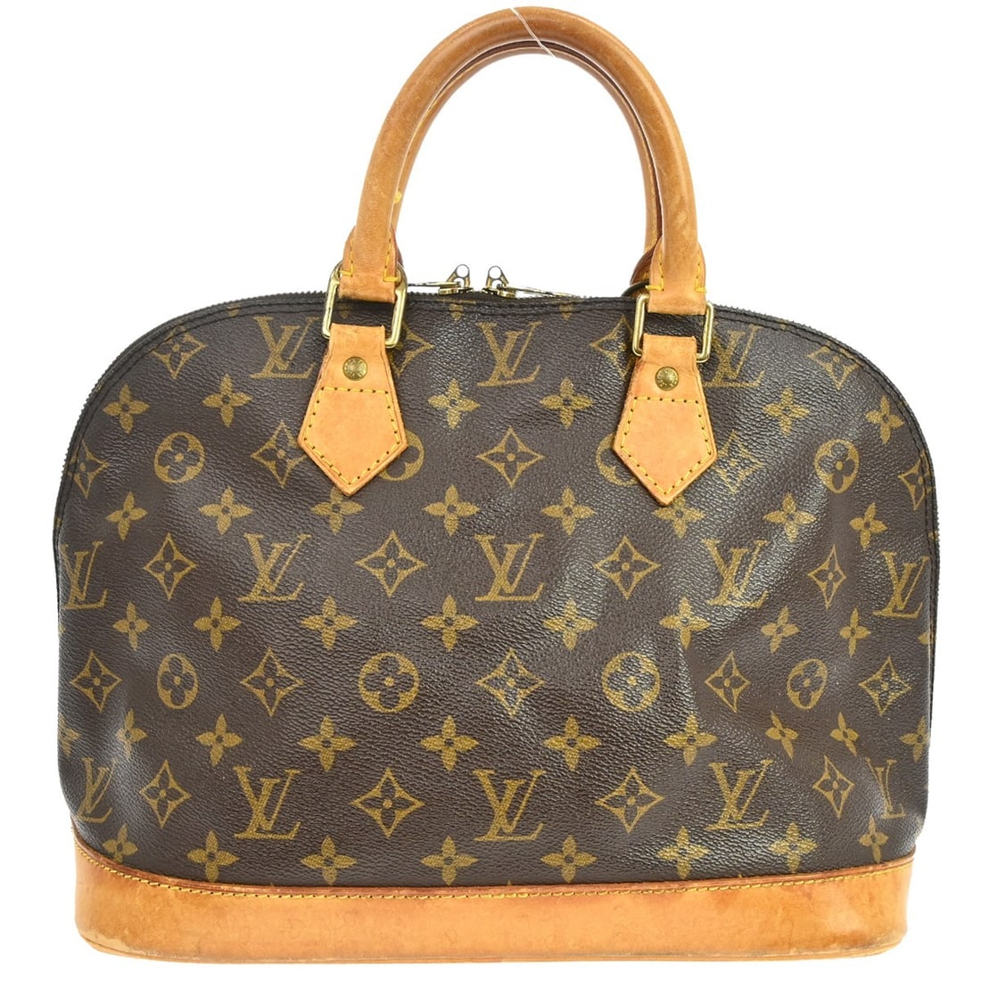 Louis Vuitton Alma Monogram Canvas Handbag M51130 France: Louis Vuitton Alma Monogram Canvas Handbag M51130 France Vintage Louis Vuitton Alma handbag in Monogram canvas with leather trim and double handles. This medium handbag features a zip closure, brown c