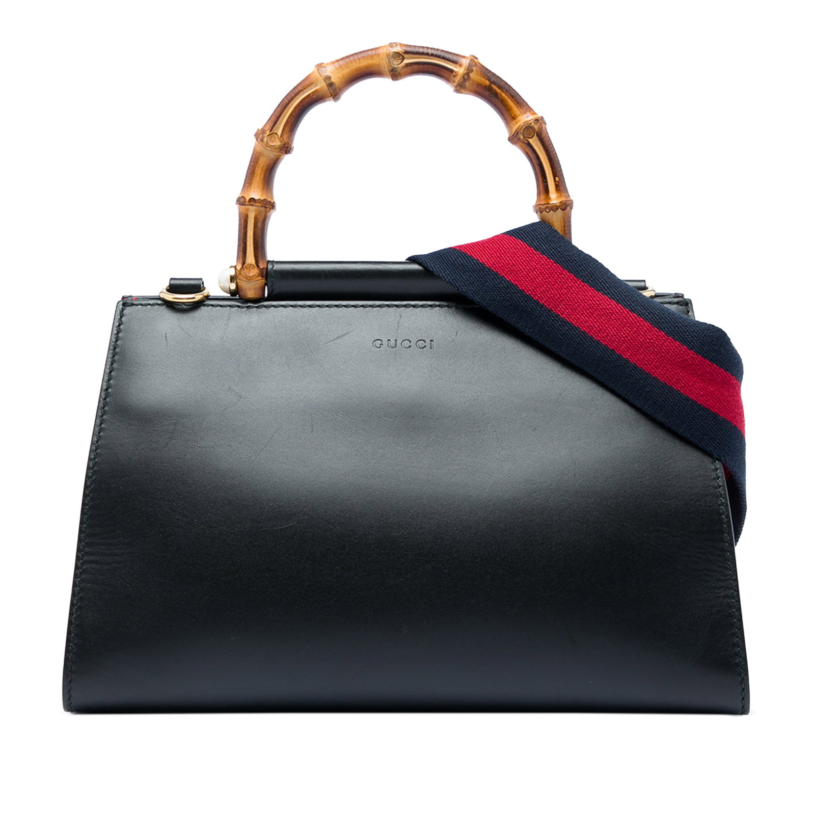 Gucci Nymphaea Small Satchel Black Calfskin Bamboo Handle: Gucci Nymphaea Small Satchel Black Calfskin Bamboo Handle The Gucci Small Calfskin Bamboo Web Nymphaea Satchel is a black leather bag made in Italy. It features a bamboo top handle, a detachable flat 