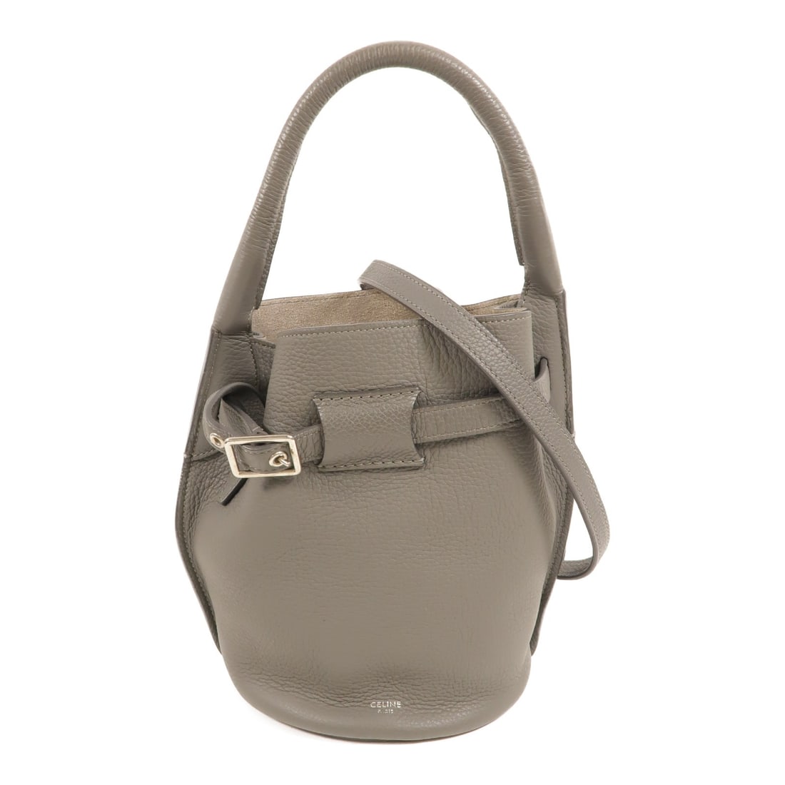 CELINE Nano Bucket Calfskin 2way Shoulder Bag Gray SHW: CELINE Nano Bucket Calfskin 2way Shoulder Bag Gray SHW A CELINE Nano Bucket 2way shoulder bag in gray calfskin leather with silver-tone hardware. It features a compact bucket silhouette and comes with