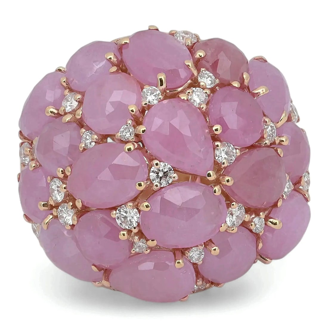 18k Rose Gold Ring With 14.8ct Pink Sapphires and Diamonds by Giovanni Ferraris: 18k Rose Gold Ring With 14.8ct Pink Sapphires and Diamonds by Giovanni Ferraris This Giovanni Ferraris cocktail ring showcases a bold dome design set in 18k rose gold. It features an impressive cluste