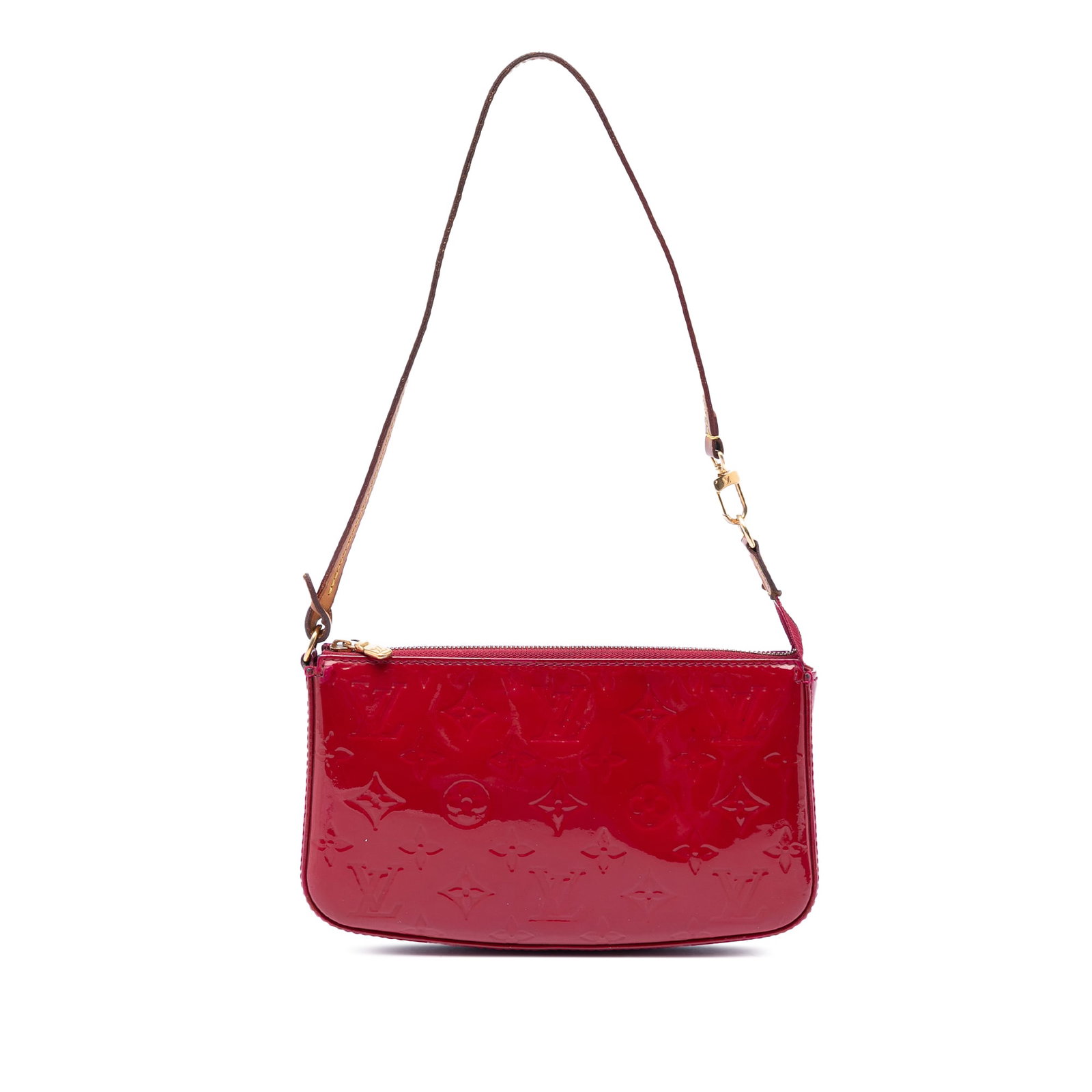Louis Vuitton Red Vernis Pochette Accessoires Bag: Louis Vuitton Red Vernis Pochette Accessoires Bag This Louis Vuitton Monogram Vernis Pochette Accessoires features a glossy vernis leather body in red, complemented by a flat vachetta leather strap. T