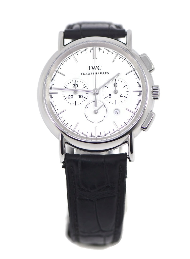 IWC Portofino 3724 Chronograph Wristwatch Steel Case Box Papers: IWC Portofino 3724 Chronograph Wristwatch Steel Case Box Papers Pre-owned IWC Portofino Chronograph wristwatch featuring a stainless steel case, white analog dial, and black leather strap. This men's 