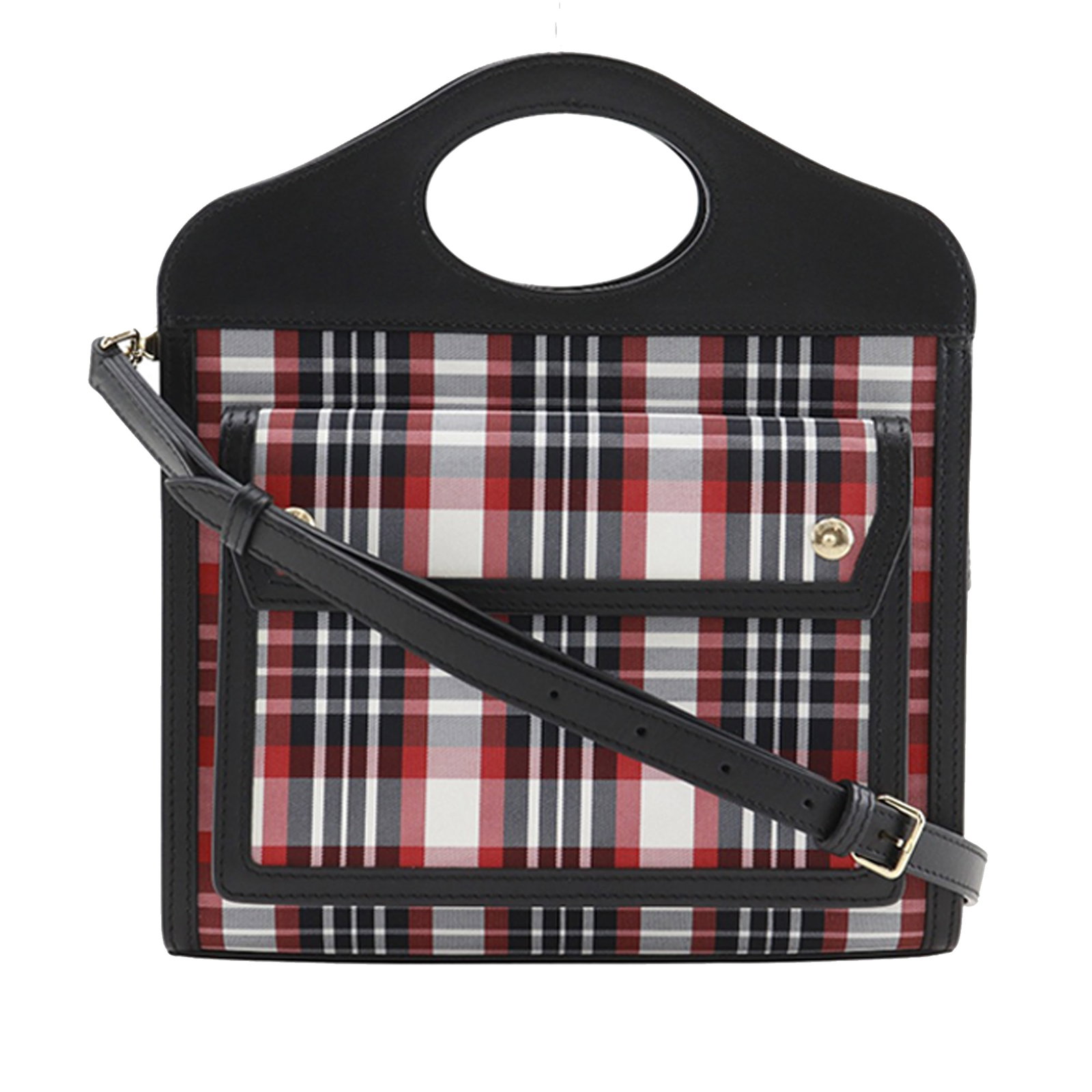 Burberry Mini Plaid Canvas Satchel with Leather Trim and Detachable Strap: Burberry Mini Plaid Canvas Satchel with Leather Trim and Detachable Strap This Burberry Mini Plaid Canvas Pocket Satchel features a classic plaid canvas body with leather trim, flat leather handles, a