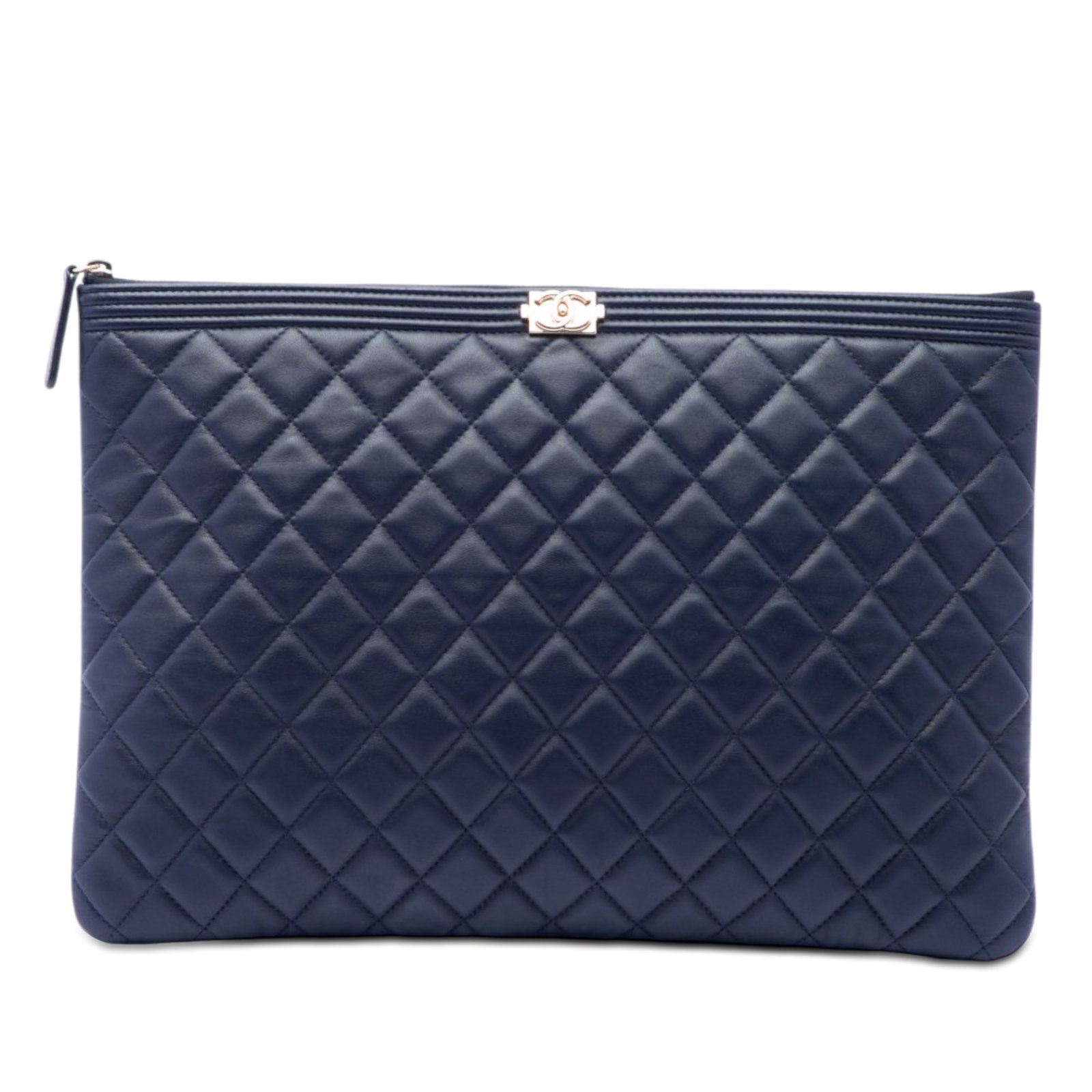 Blue lambskin zip clutch Chanel Boy O Case large: Blue lambskin zip clutch Chanel Boy O Case large Blue Chanel Large Quilted Lambskin Boy O Case Clutch crafted in quilted lambskin leather with a top zip closure. Made in Italy and categorized as a bag