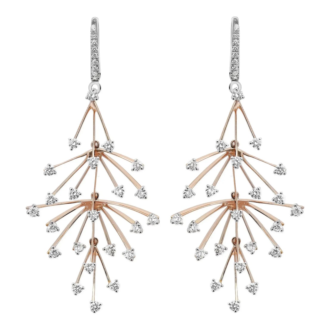 Crivelli 18K Rose White Gold Diamond Drop Earrings 2.75ctw Cascading Design: Crivelli 18K Rose White Gold Diamond Drop Earrings 2.75ctw Cascading Design Elevate your elegance with these stunning Crivelli Christmas Tree Diamond Drop Earrings, meticulously crafted in 18K rose an