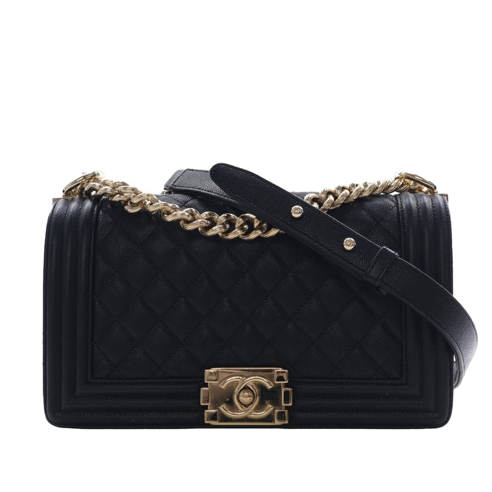 Chanel Boy Flap Quilted Caviar Crossbody Bag Black: Chanel Boy Flap Quilted Caviar Crossbody Bag Black This Chanel Old Medium Quilted Caviar Boy Flap crossbody bag is crafted from black quilted caviar leather and features a chain link shoulder strap wi