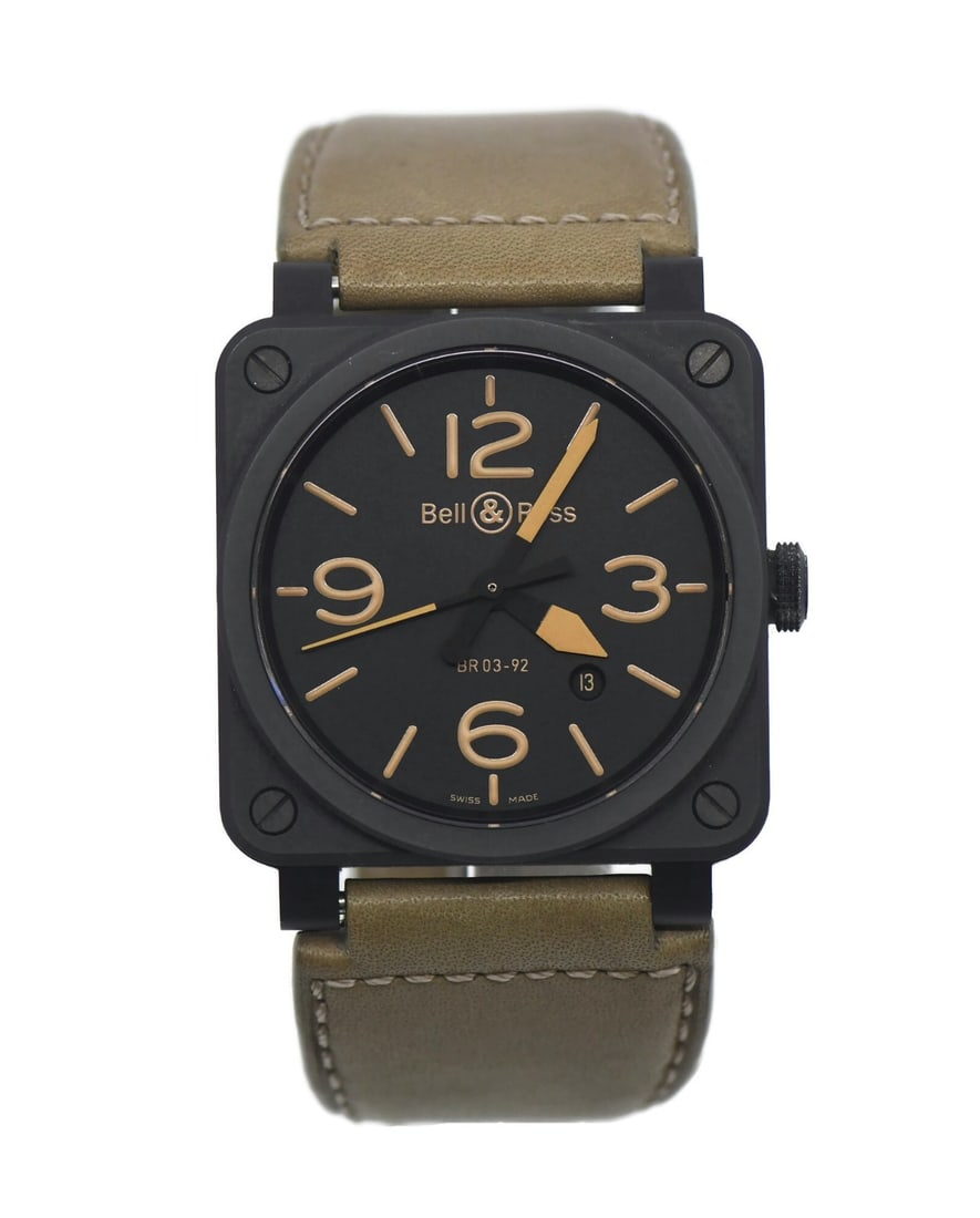 Bell Ross Aviation Heritage 42mm Ceramic Pilot Watch: Bell Ross Aviation Heritage 42mm Ceramic Pilot Watch This Bell & Ross Aviation Heritage Ceramic Watch BR0392CBL is a pre-owned men's wristwatch featuring a mechanical automatic movement. The watch has