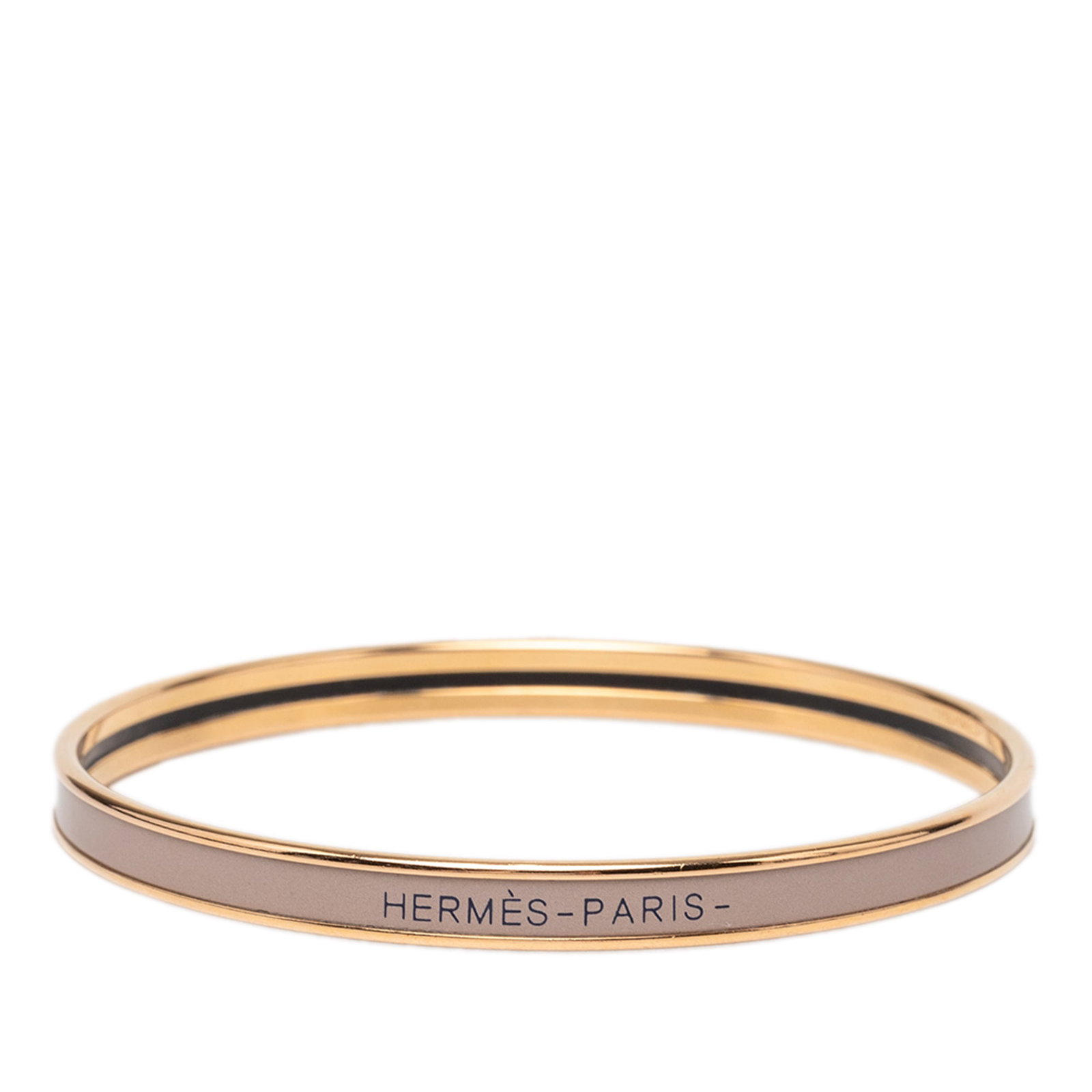 Hermes Uni 62 Extra Narrow Enamel Bangle: Hermes Uni 62 Extra Narrow Enamel Bangle Hermes Extra Narrow Enamel Uni Bangle 62 in brown, featuring an enamel and gold plated metal body. Made in France and classified as costume jewelry, this bangl