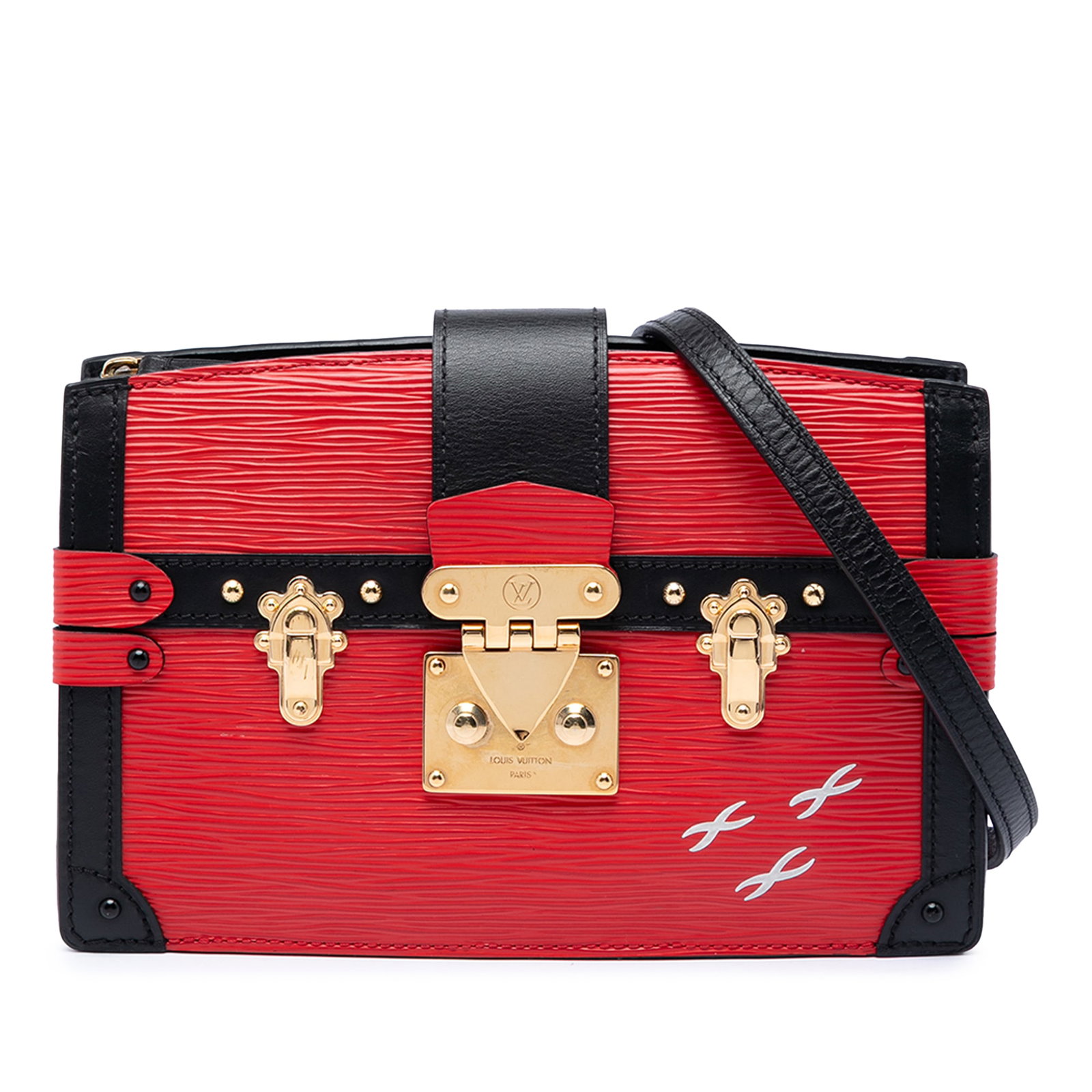 Louis Vuitton Epi Trunk Clutch Red Leather Chain Strap Bag: Louis Vuitton Epi Trunk Clutch Red Leather Chain Strap Bag Louis Vuitton Epi Trunk Clutch in red leather, made in France. This bag features an adjustable and detachable chain link strap with leather g