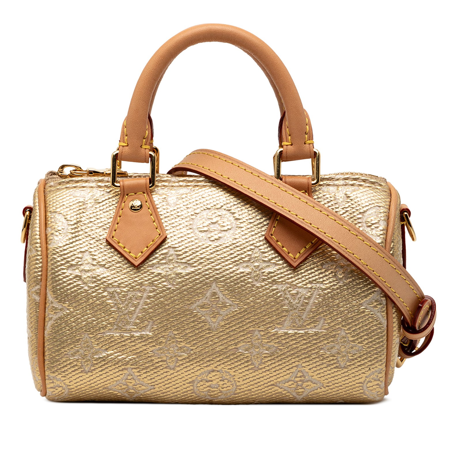 Louis Vuitton Monoglam Nano Speedy Gold Mini Bag with Shoulder Strap: Louis Vuitton Monoglam Nano Speedy Gold Mini Bag with Shoulder Strap This Louis Vuitton Monoglam Nano Speedy Bandouliere bag features a monogram coated canvas body with vachetta leather trim, rolled v