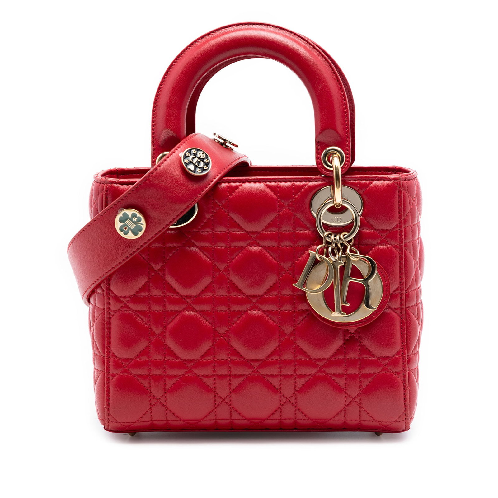 Dior MyABCDior Lady Dior Small red lambskin bag: Dior MyABCDior Lady Dior Small red lambskin bag Small Dior Lady Dior bag in red lambskin Cannage leather, made in Italy. It features a quilted leather body, flat leather handles, a detachable flat lea