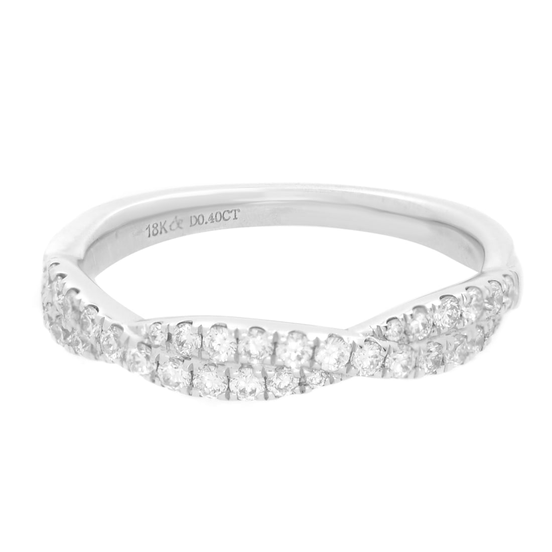 Rachel Koen 18K White Gold Twist Diamond Band Ring 0.40ct 7: Rachel Koen 18K White Gold Twist Diamond Band Ring 0.40ct 7 This exquisite Rachel Koen Twist Diamond Wedding Band Ring is crafted from radiant 18K white gold and showcases a stunning design that is bo