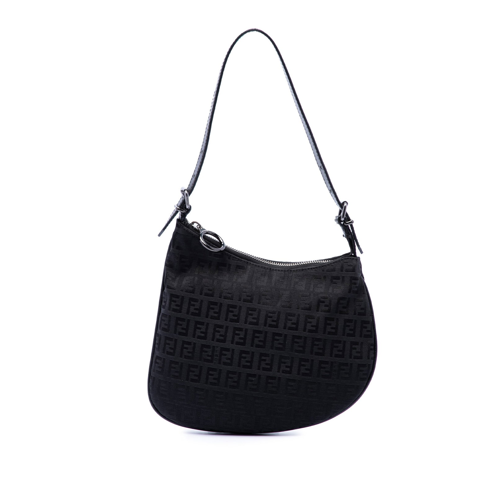Fendi Oyster Zucchino Canvas Shoulder Bag with Leather Trim: Fendi Oyster Zucchino Canvas Shoulder Bag with Leather Trim Fendi Zucchino Canvas Oyster Shoulder Bag in black, made in Italy, with a canvas body, leather trim, a flat leather strap, top zip closure, 