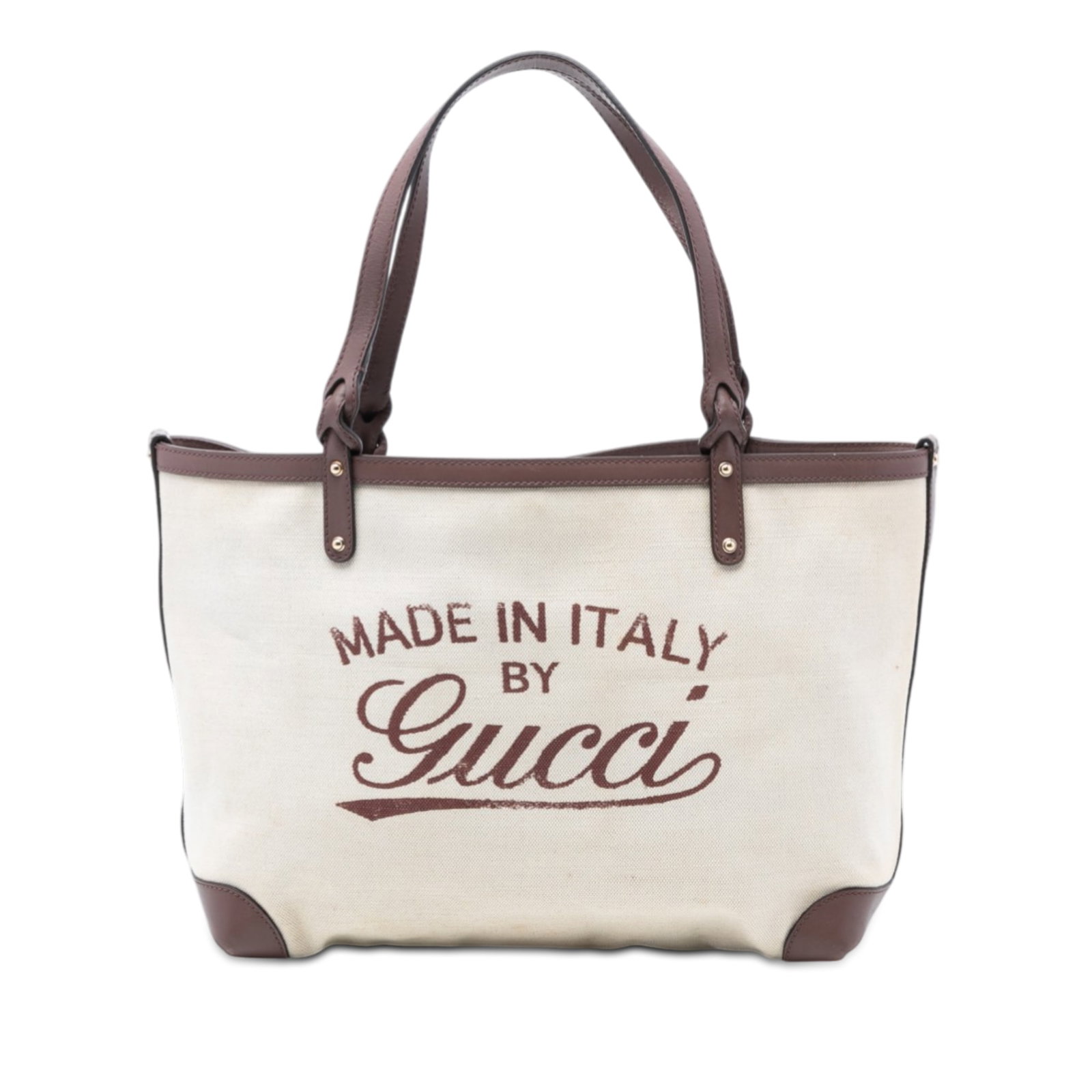 Gucci Craft Tote Medium Brown Canvas with Leather Trim: Gucci Craft Tote Medium Brown Canvas with Leather Trim This Gucci Medium Canvas Craft Tote features a canvas body with leather trim, flat leather straps, an open top secured with a lobster clasp closu