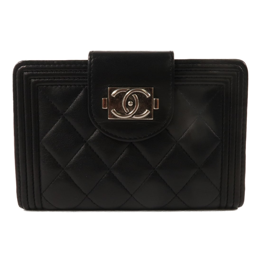 CHANEL CC Lambskin Wallet Black with Silver Tone Hardware: CHANEL CC Lambskin Wallet Black with Silver Tone Hardware CHANEL CC SHW wallet in black lambskin leather with silver-tone hardware. It features a hook button closure, four open pockets, 10 card slots,