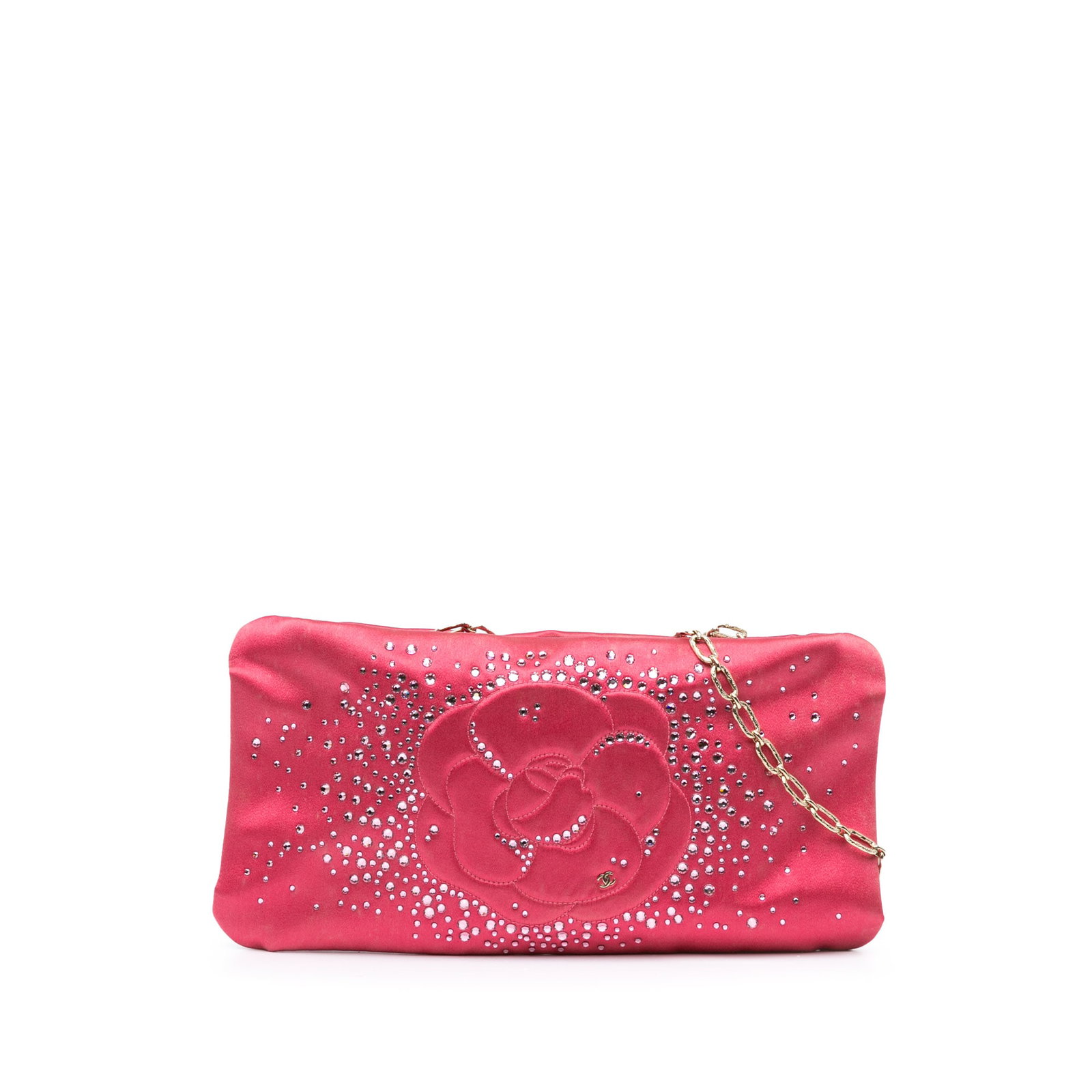 Chanel Pink Satin Diamante Camellia Clutch with Chain: Chanel Pink Satin Diamante Camellia Clutch with Chain Introducing the Chanel Satin Diamante Camellia Clutch with Chain, a sophisticated shoulder bag that embodies elegance and style. Crafted from luxu