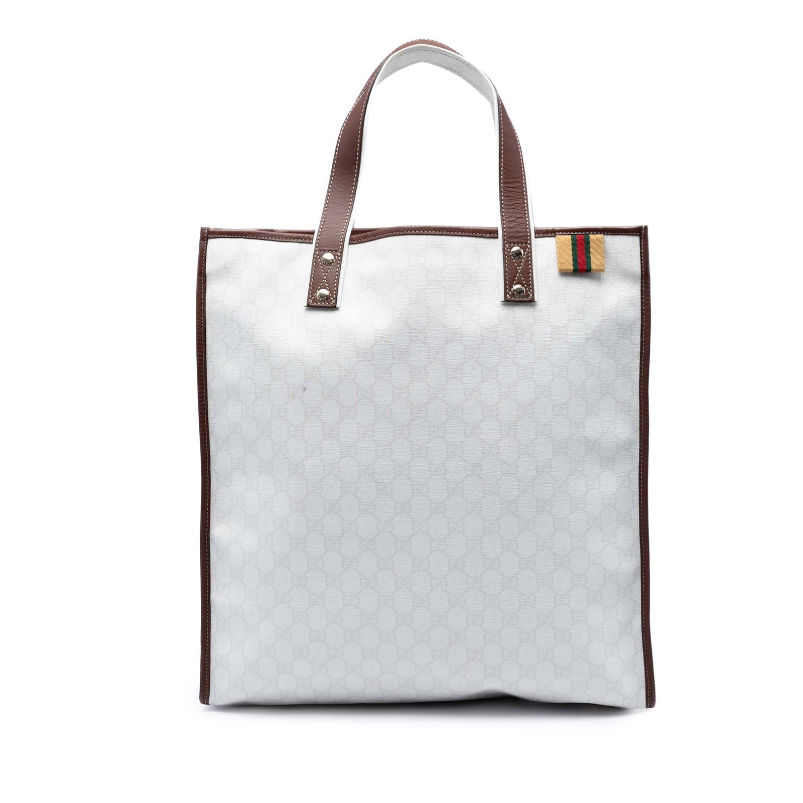 Gucci GG Supreme Web Canvas Tote Bag White Leather Trim: Gucci GG Supreme Web Canvas Tote Bag White Leather Trim Gucci GG Supreme Web Tote in white with a coated canvas body and leather trim. This open-top tote features flat leather handles and interior zip