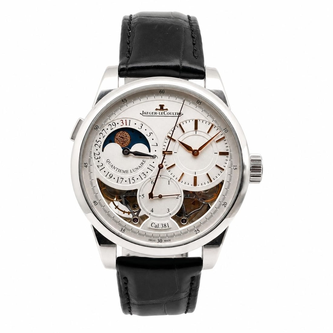 Jaeger-LeCoultre Duometre Quantieme Lunaire White Gold 41mm Watch: Jaeger-LeCoultre Duometre Quantieme Lunaire White Gold 41mm Watch This Jaeger LeCoultre Duometre Quantieme Lunaire wristwatch is crafted in white gold with a silver dial and a polished, round case. De