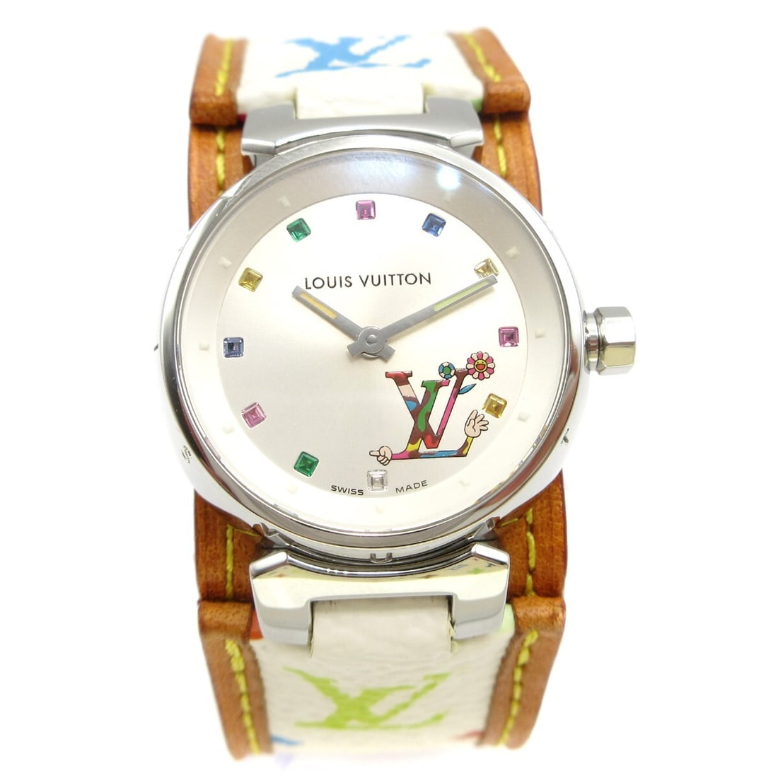 Louis Vuitton Tambour Q12130 Women's Quartz Watch with Murakami Band: Louis Vuitton Tambour Q12130 Women's Quartz Watch with Murakami Band Louis Vuitton Tambour quartz wristwatch for women with a silver stainless steel case, white dial, and white multicolor canvas band.