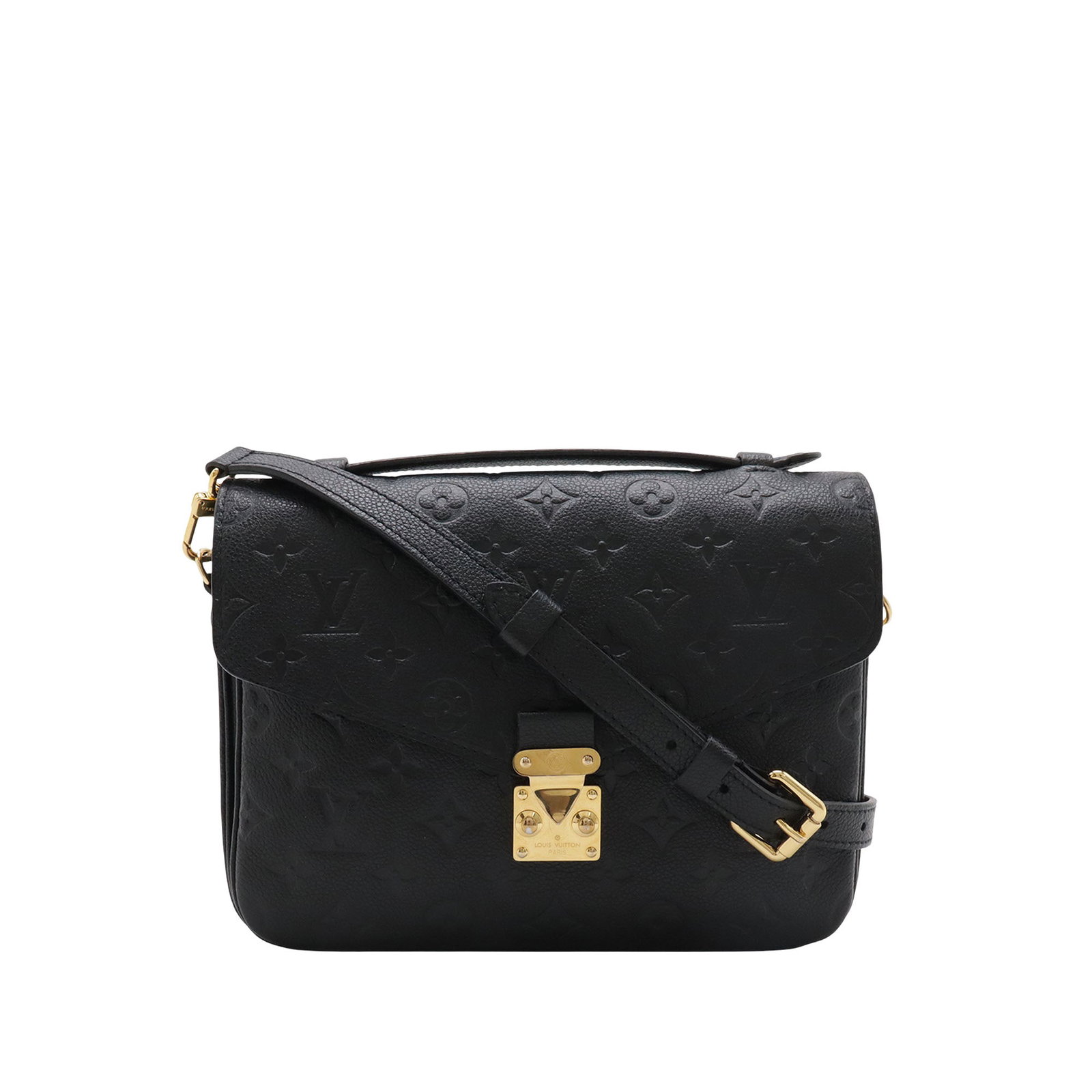 Black Leather Shoulder Bag Louis Vuitton Pochette Metis Monogram Empreinte: Black Leather Shoulder Bag Louis Vuitton Pochette Metis Monogram Empreinte Louis Vuitton Monogram Empreinte Pochette Metis bag in black leather, made in France. It features a monogram empreinte leathe