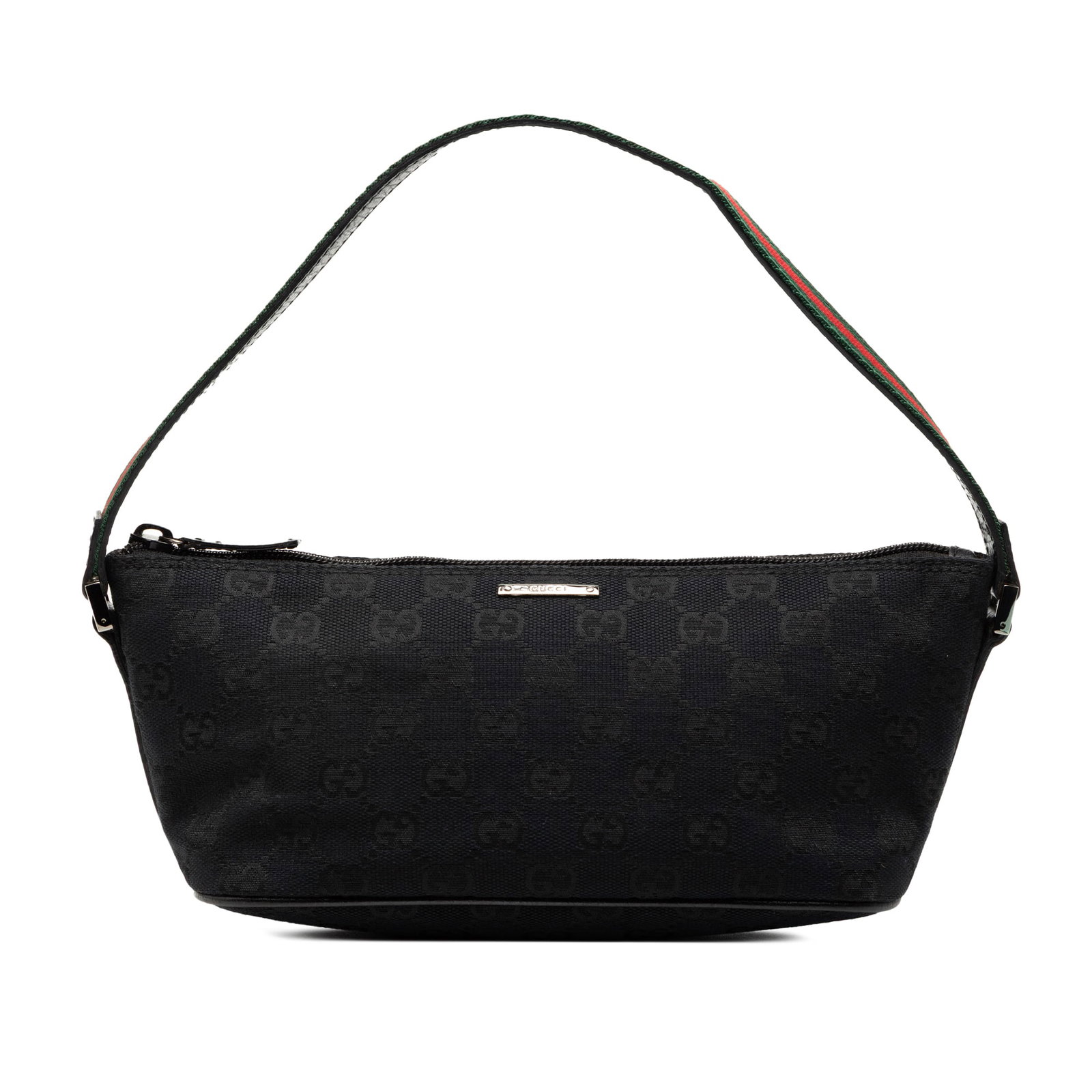 Black GG Canvas Web Boat Baguette Bag with Leather Trim by Gucci: Black GG Canvas Web Boat Baguette Bag with Leather Trim by Gucci This Gucci GG Canvas Web Boat baguette features a canvas body with leather trim, a flat canvas strap, and a top zip closure. The bag co