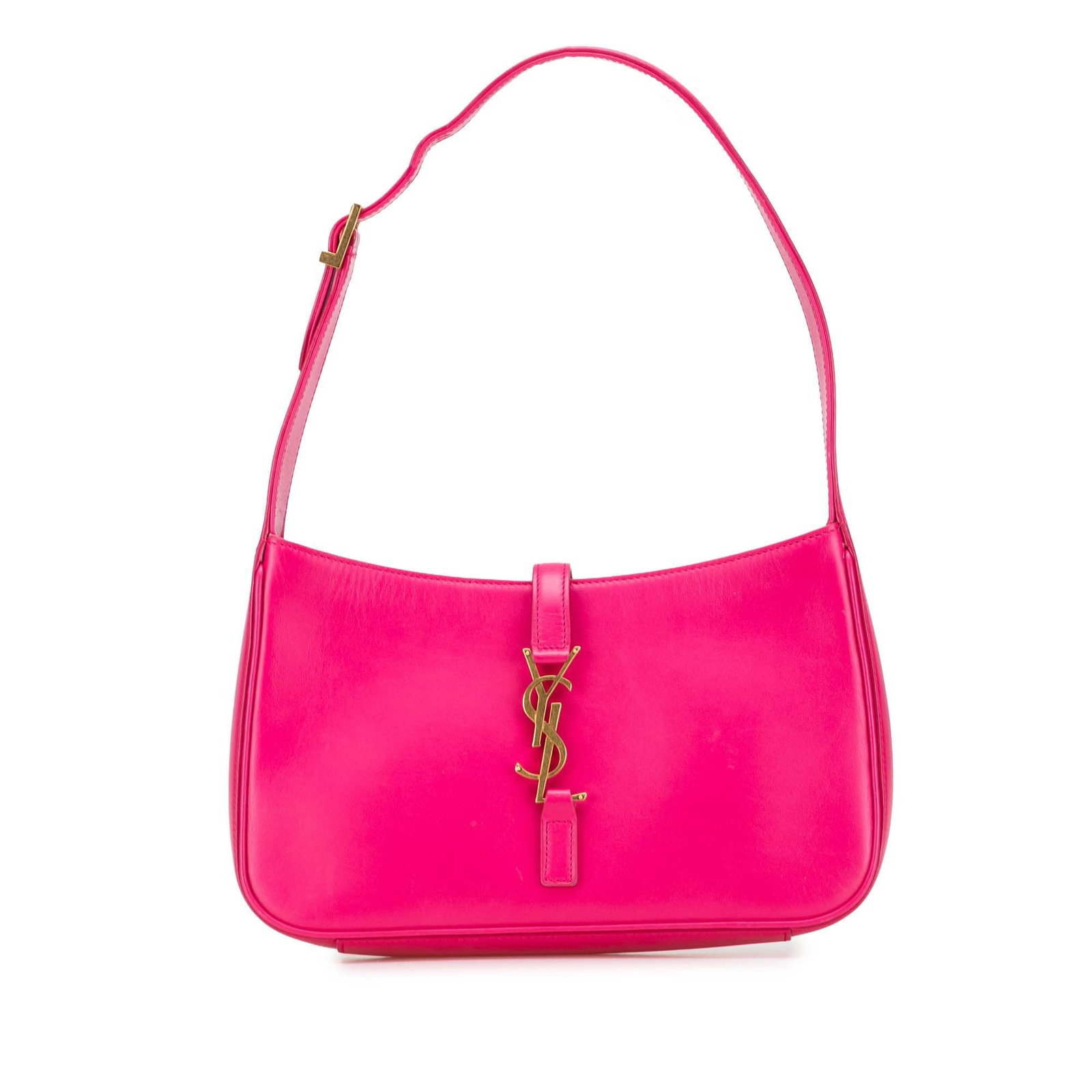 Pink Leather Saint Laurent Le 5 a 7 Shoulder Bag with Adjustable Strap: Pink Leather Saint Laurent Le 5 a 7 Shoulder Bag with Adjustable Strap The Saint Laurent Smooth Leather Le 5 a 7 Shoulder Bag is a stylish accessory crafted from high-quality leather. This bag feature