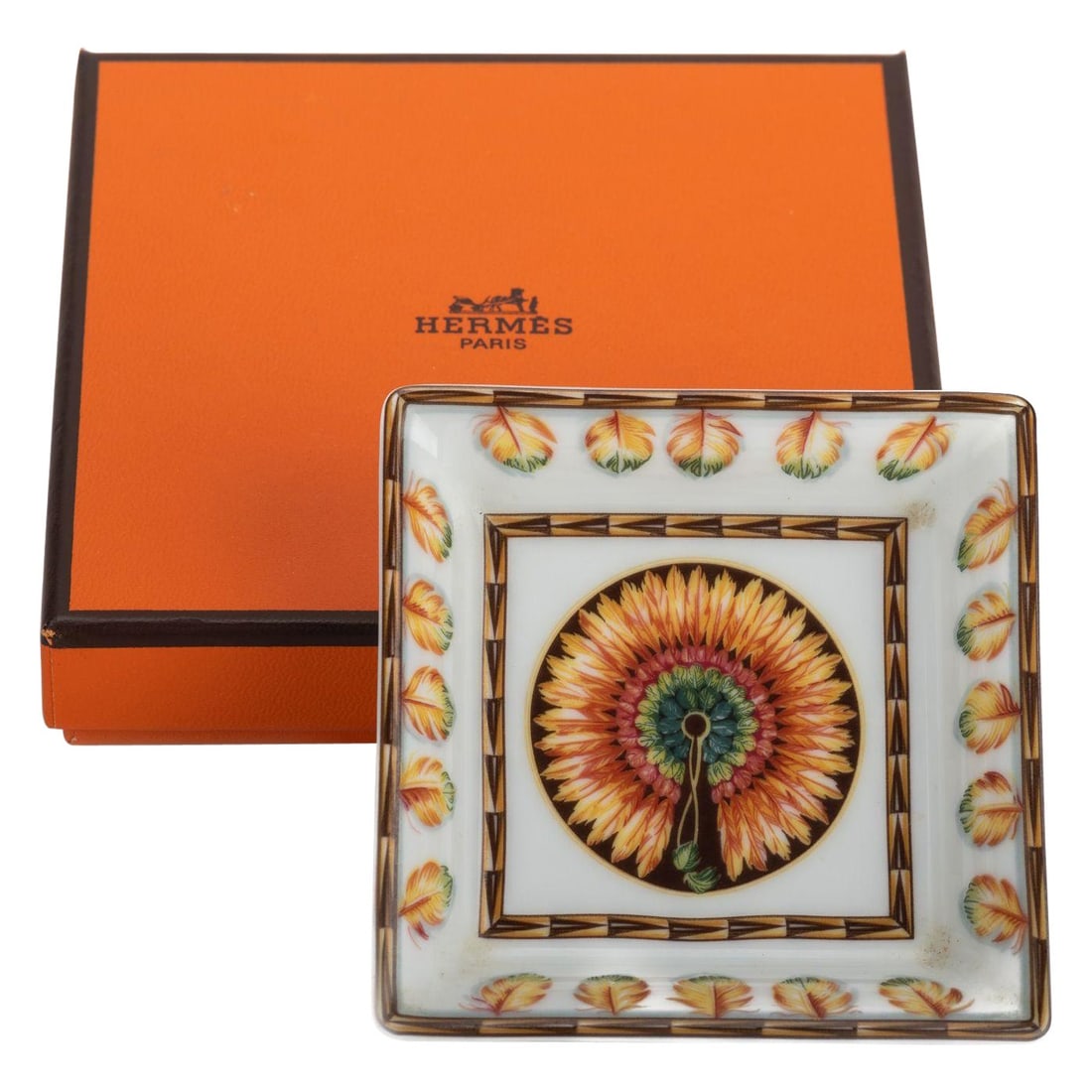 Hermes Brazil Square Porcelain Ashtray with Pheasant Design: Hermes Brazil Square Porcelain Ashtray with Pheasant Design This exquisite Hermes Brazil Square Ashtray is a stunning piece of designer porcelain that embodies luxury and elegance. Crafted in France, 