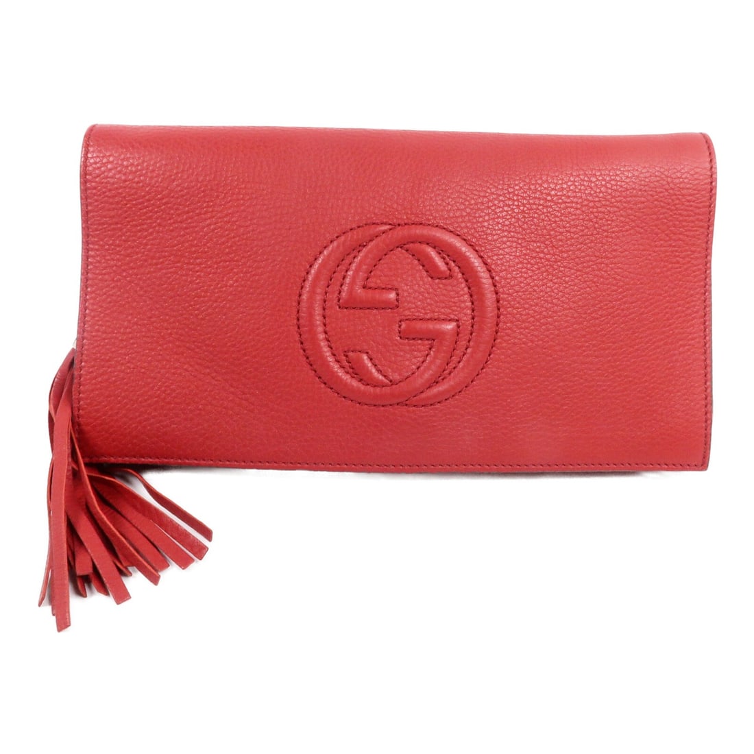 Gucci 336753 GG Red Calfskin Clutch Bag with Charm: Gucci 336753 GG Red Calfskin Clutch Bag with Charm A Gucci GG clutch bag in red calfskin (cowhide) leather, designed for women. It features a red frame color and exterior color, a magnetic pocket, one