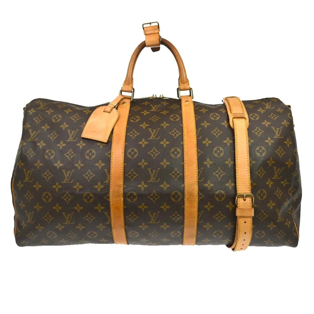 Louis Vuitton Keepall Bandouliere Monogram Canvas Travel Bag: Louis Vuitton Keepall Bandouliere Monogram Canvas Travel Bag This Louis Vuitton Keepall Bandouliere Bag is crafted from brown monogram canvas and designed for unisex use. The bag shows visible wear, i