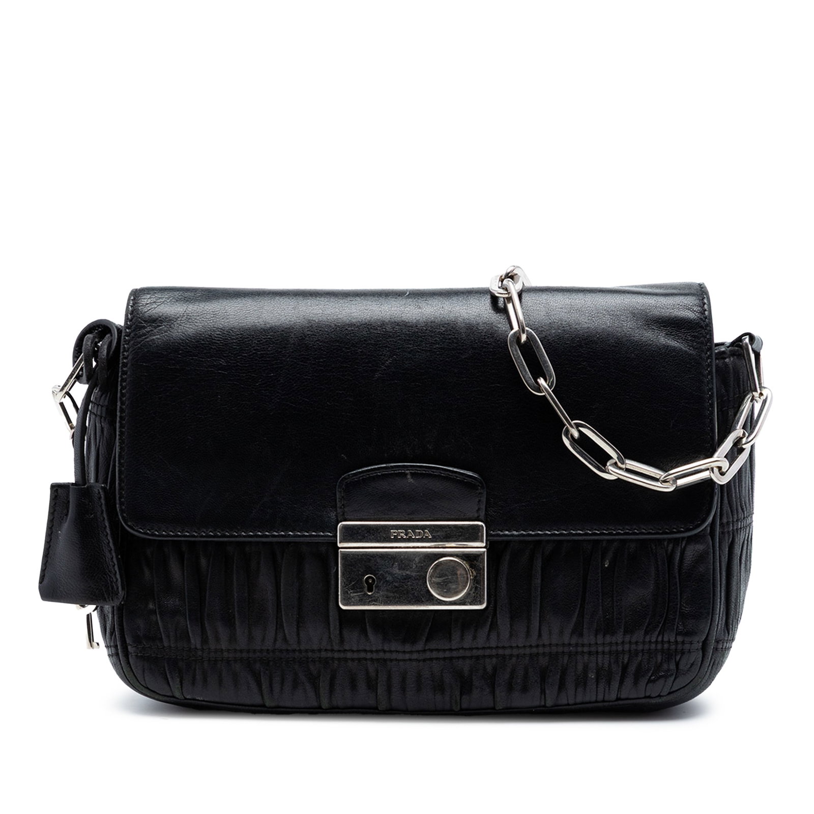 Prada Gaufre Sound Lock Nappa Leather Shoulder Bag Black: Prada Gaufre Sound Lock Nappa Leather Shoulder Bag Black Prada Nappa Gaufre Sound Lock Shoulder Bag in black leather, made in Italy. It features a nappa leather body, chain link strap with a shoulder 